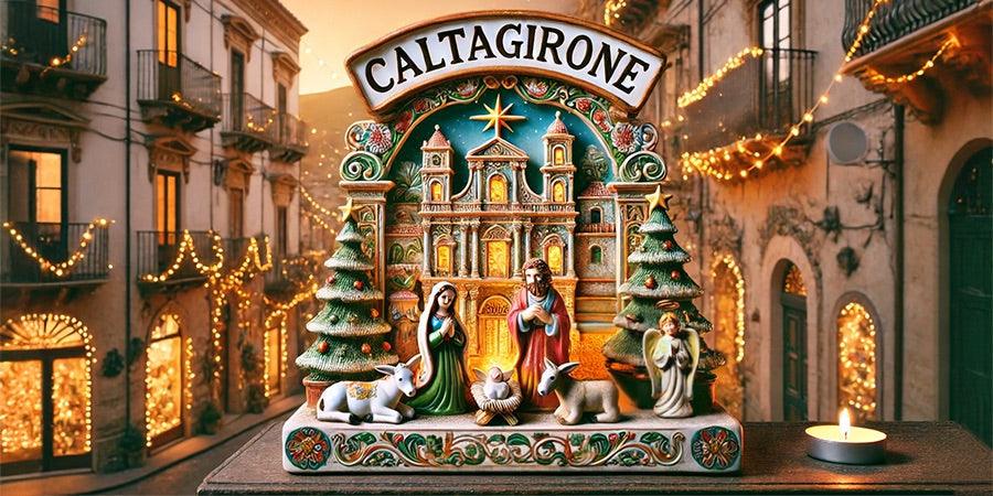Presepe natalizio in ceramica di Caltagirone fatti a mano, illuminazioni natalizie sullo sfondo.