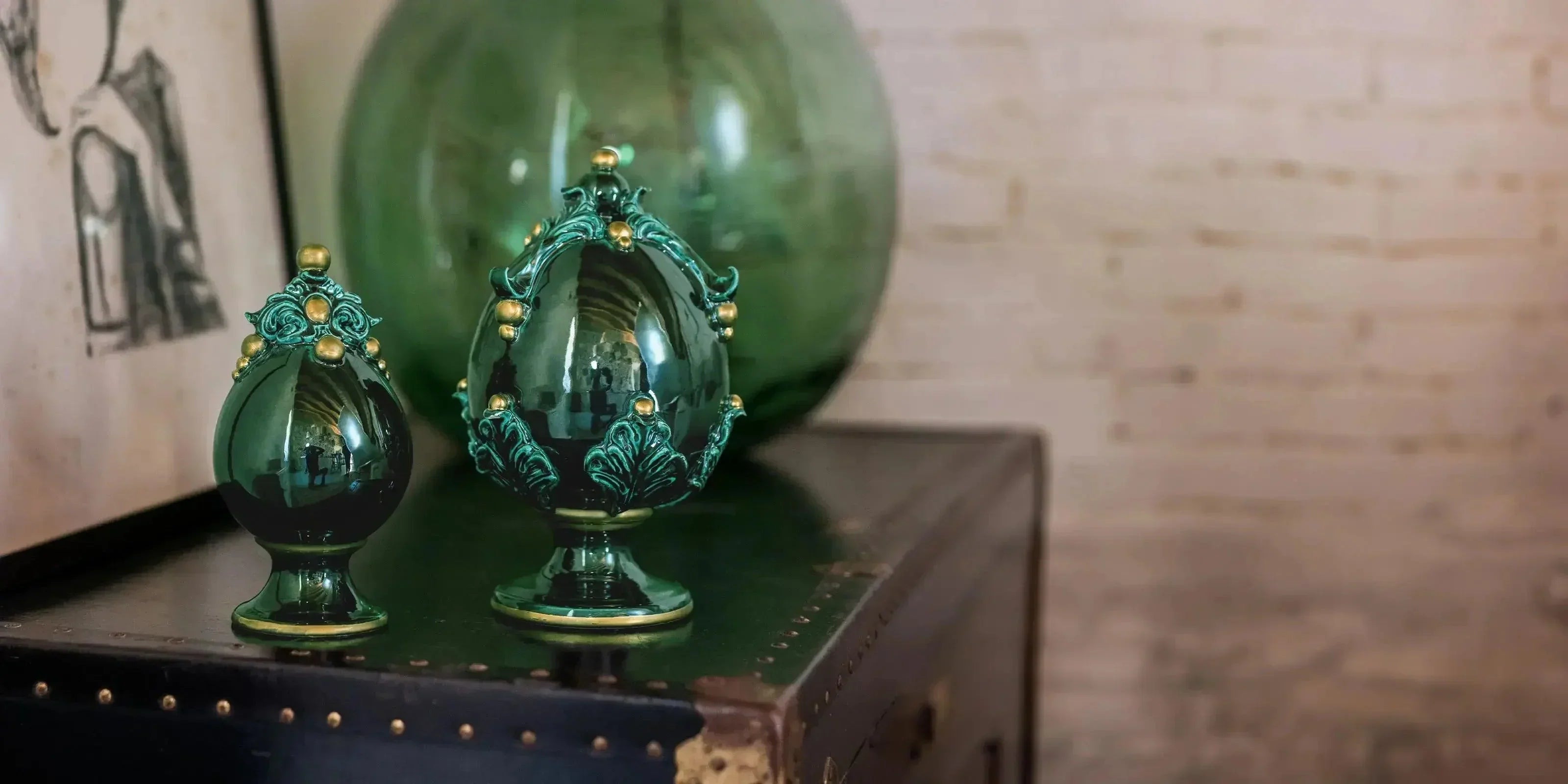 Uova ornamentali in ceramica verde e oro, ceramiche caltagirone fatti a mano Sofia