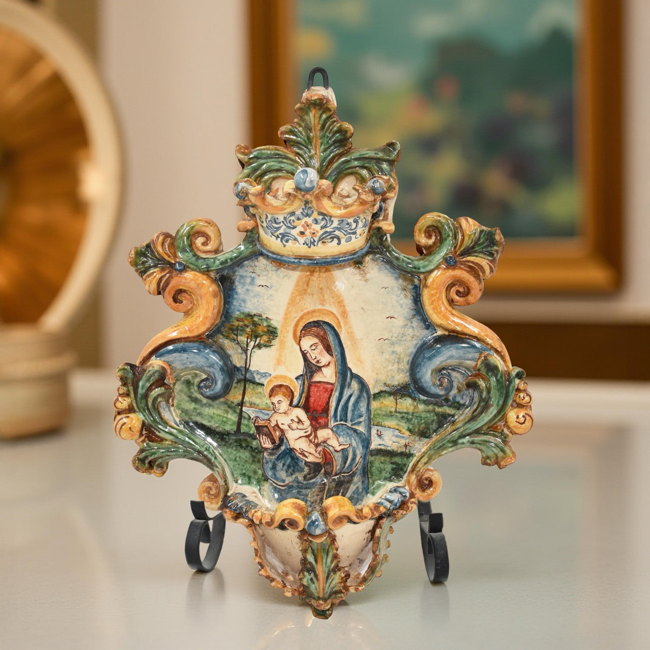 Large holy water stoup 25x35 appl of Raphael/Madonna with tricolour book