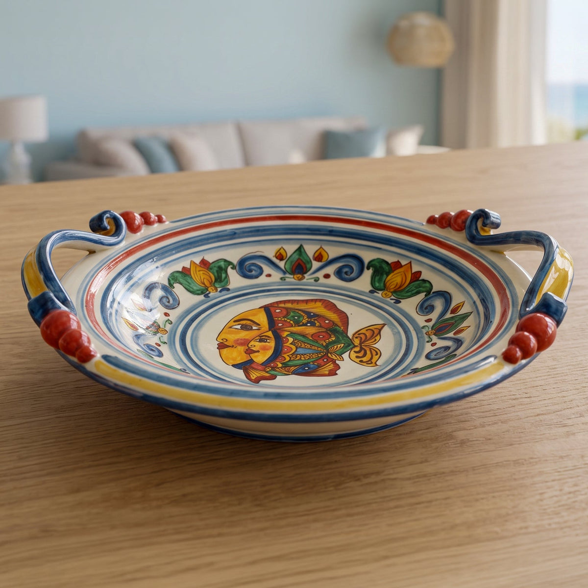 Centre de Table Sicilien en Céramique - Décor Poissons | Majolique sicilienne de Caltagirone