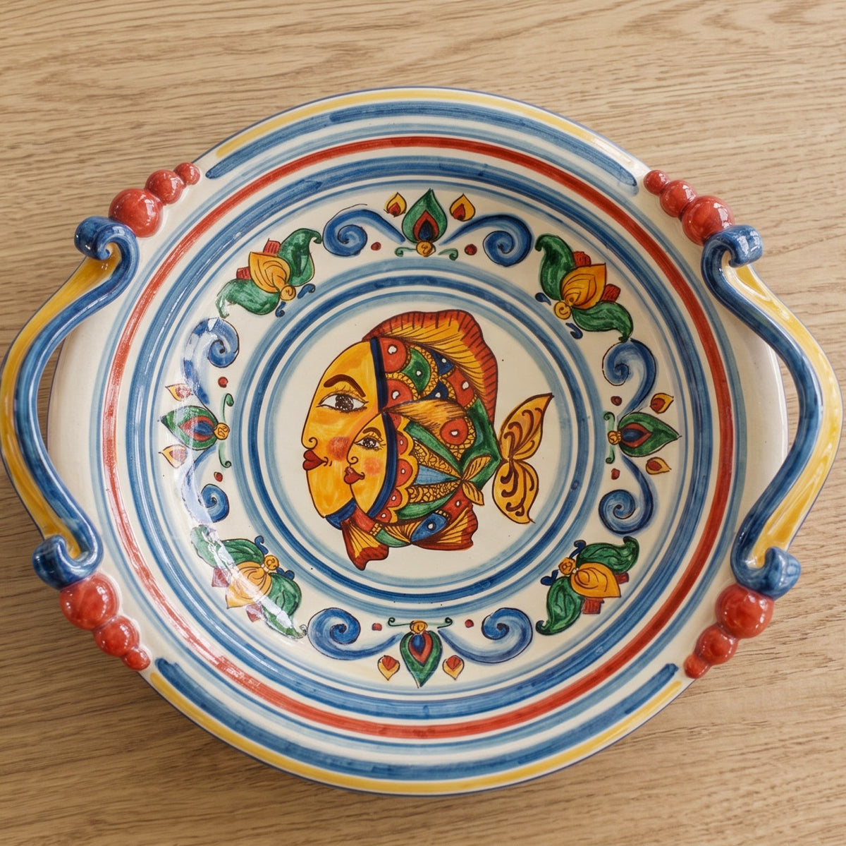Centre de Table Sicilien en Céramique - Décor Poissons | Majolique sicilienne de Caltagirone