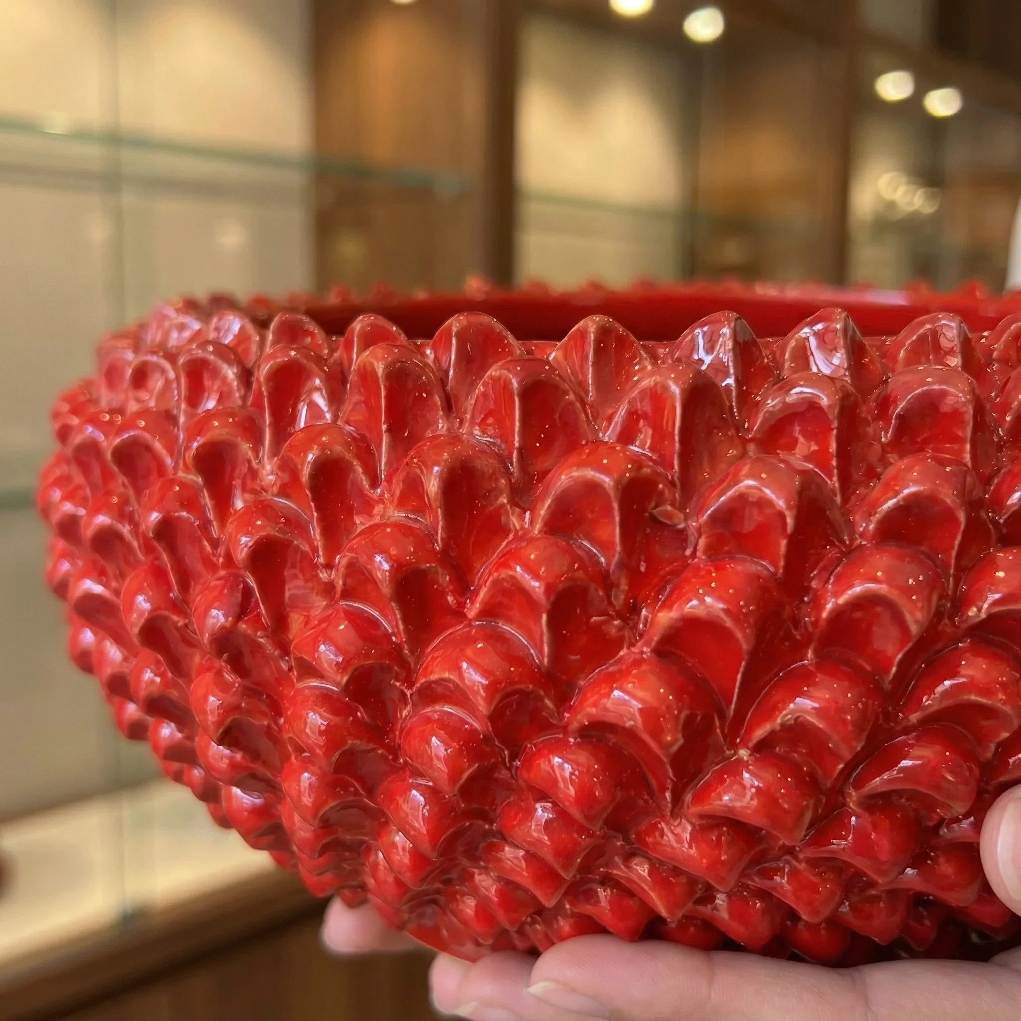 Caltagirone ceramic pine cone centerpiece, 25/33 cm in diameter, Fire Red