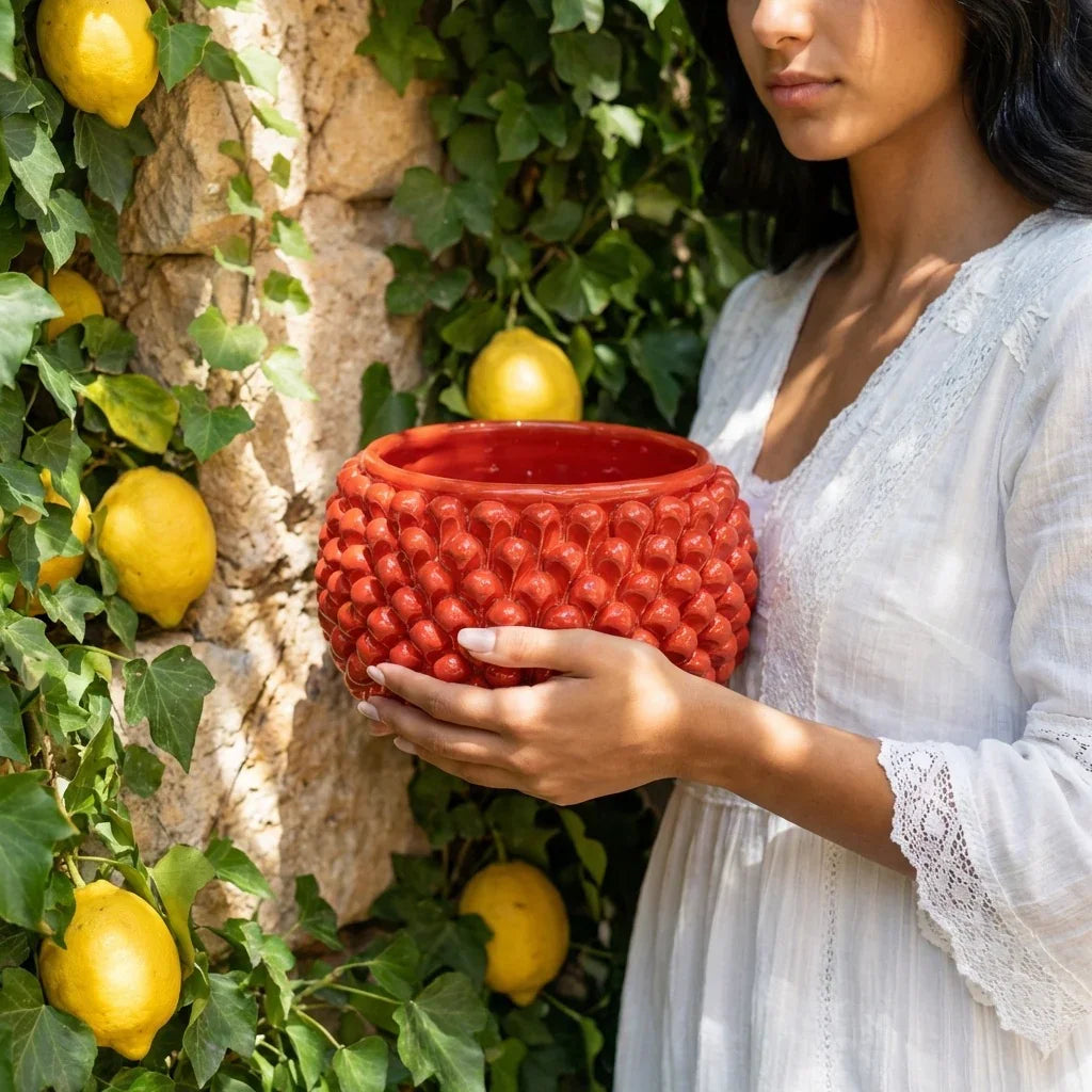 Caltagirone ceramic half-pine cone vase without foot, fire red