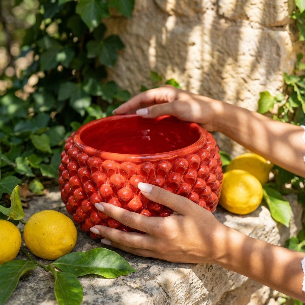 Caltagirone ceramic half-pine cone vase without foot, fire red