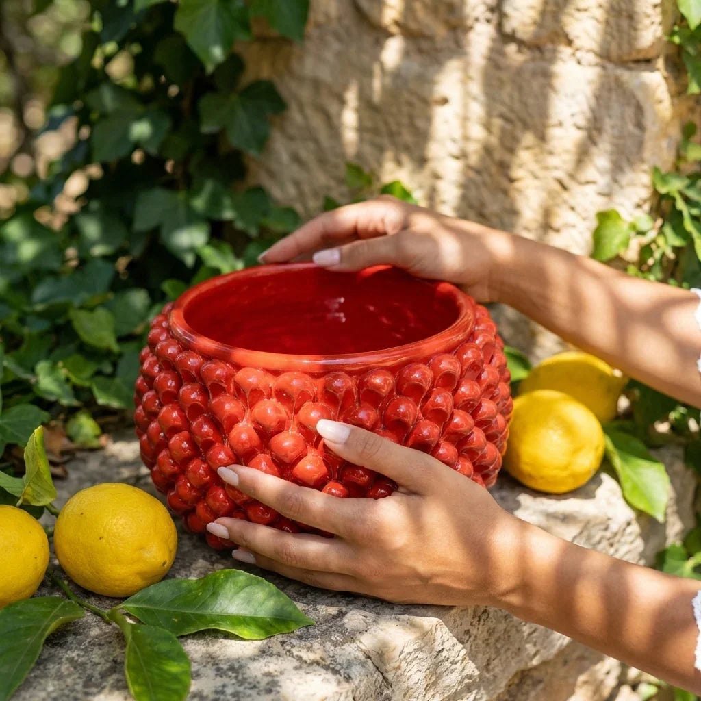 Caltagirone ceramic half-pine cone vase without foot, fire red