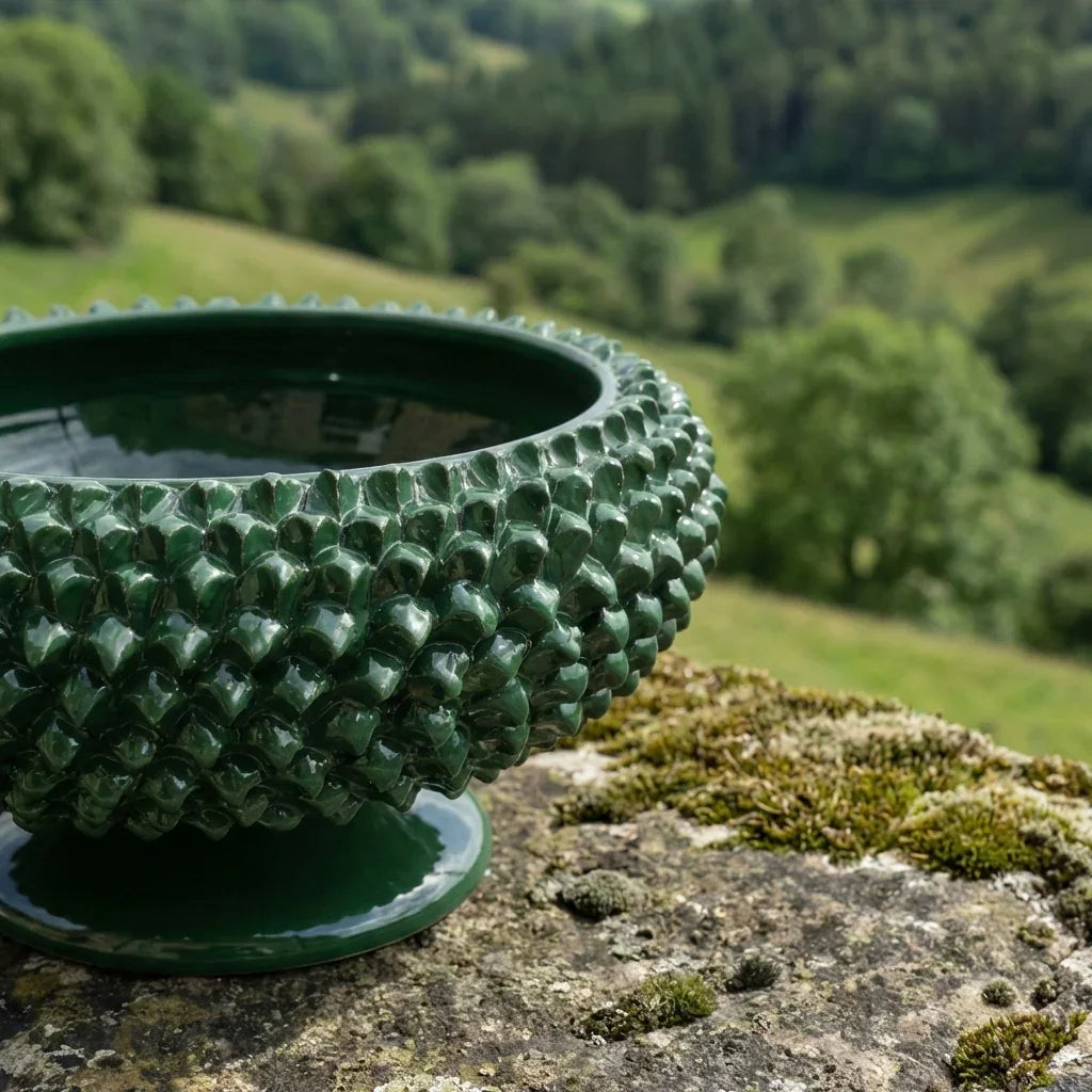 Hand-modeled Caltagirone Pine Cone Stand Antique Green