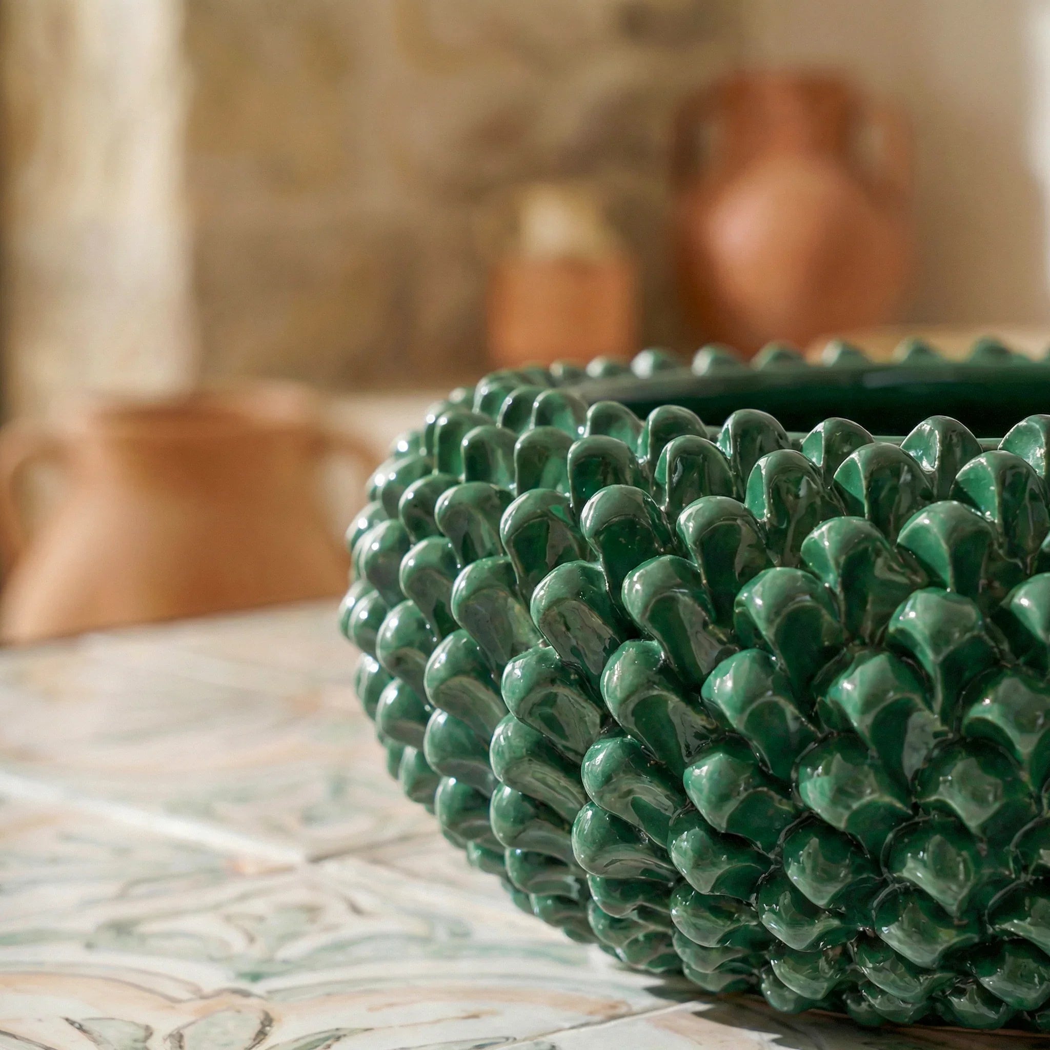 Pinecone Centerpiece, 25/33 cm in diameter, Antique Green, Caltagirone Ceramic
