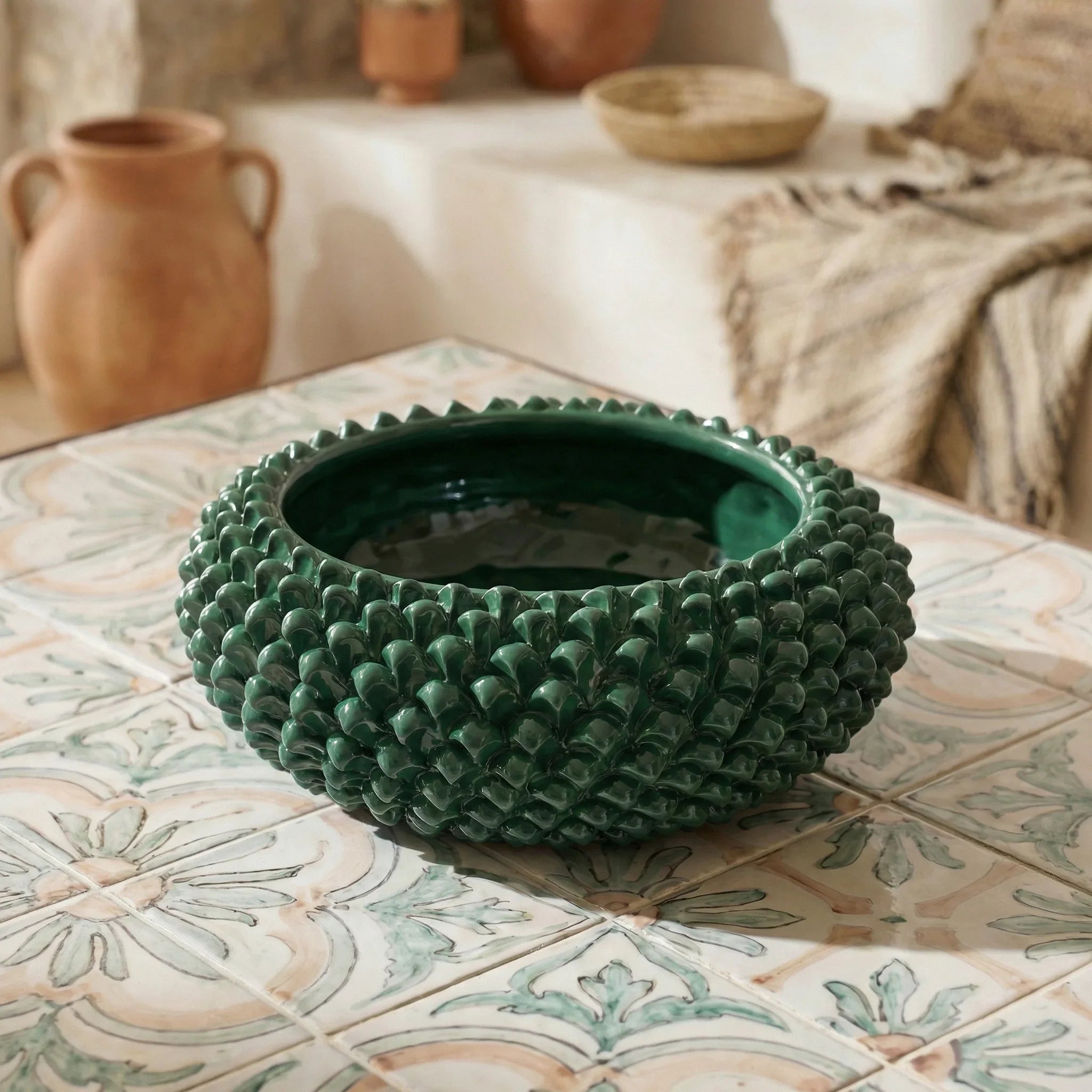 Pinecone Centerpiece, 25/33 cm in diameter, Antique Green, Caltagirone Ceramic