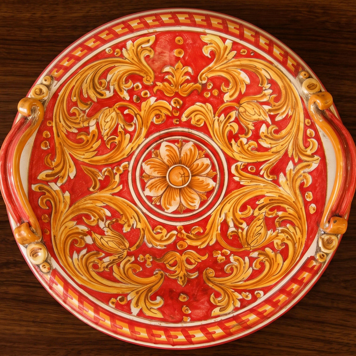 Centre de Table Ø 30/40 cm, Ornato Fond Rouge – Céramique italienne de Caltagirone, Sicile