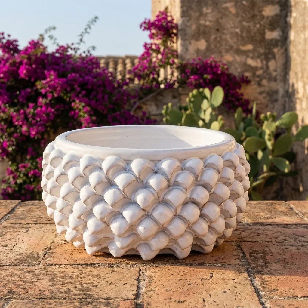 Half pine cone vase without foot in white line ceramic from Caltagirone