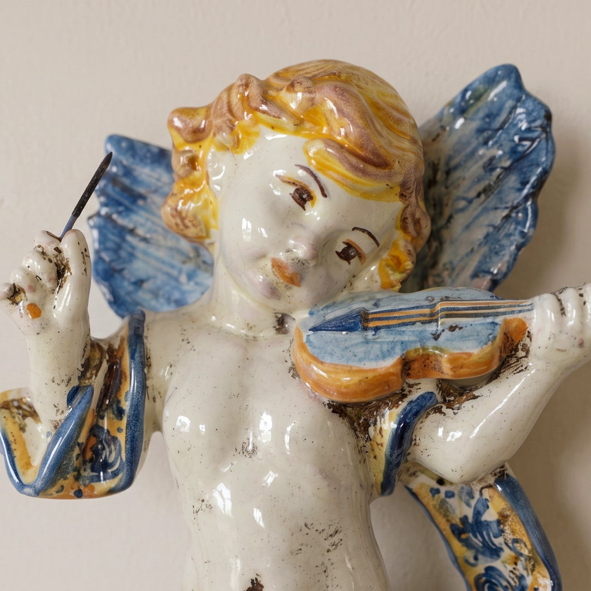 Ange Musicien au Violon de Caltagirone - Bleu et Orange | Majolique sicilienne de Caltagirone