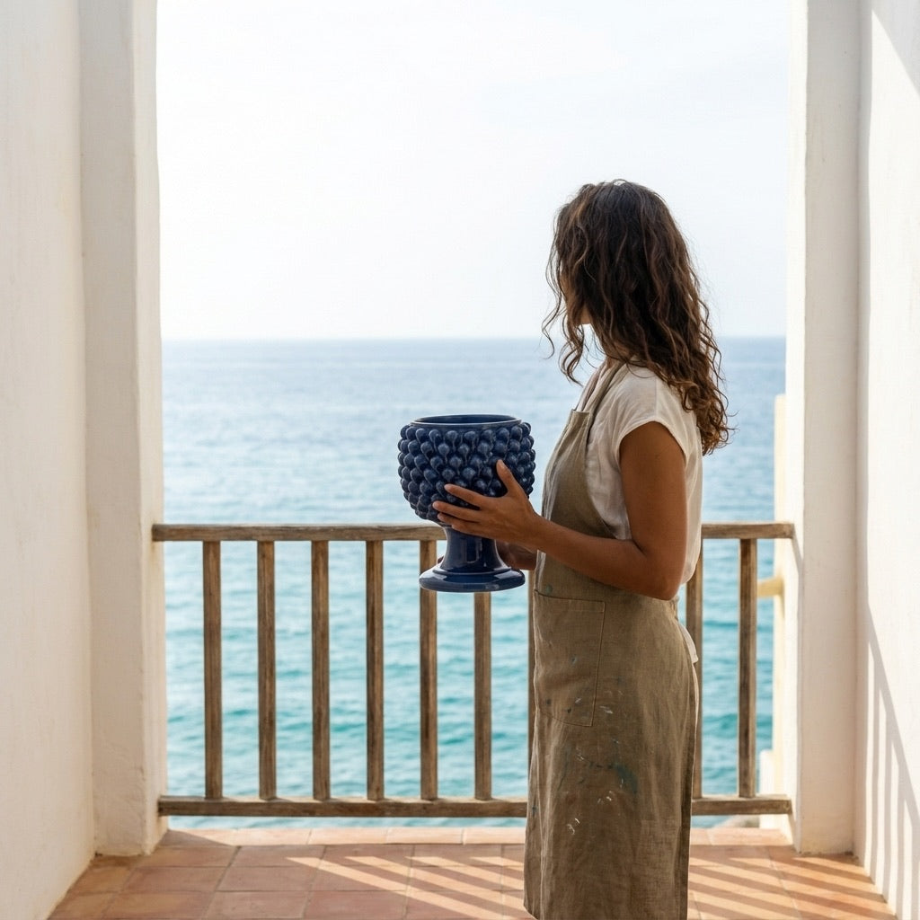 Vaso mezza pigna blu intenso in ceramica di Caltagirone