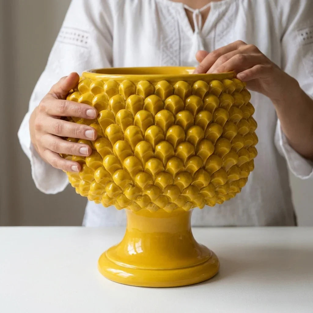 Caltagirone ceramic half-pine cone vase with mustard
