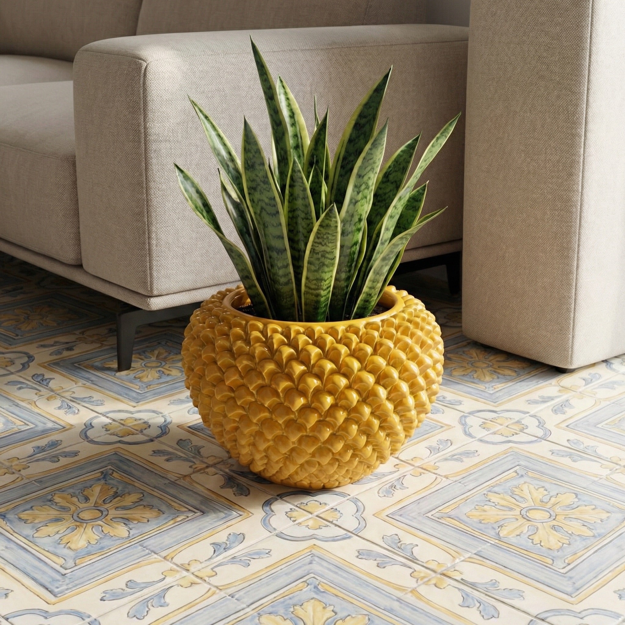 Pine Cone Cachepot, Mustard – Italian ceramic from Caltagirone, Sicily