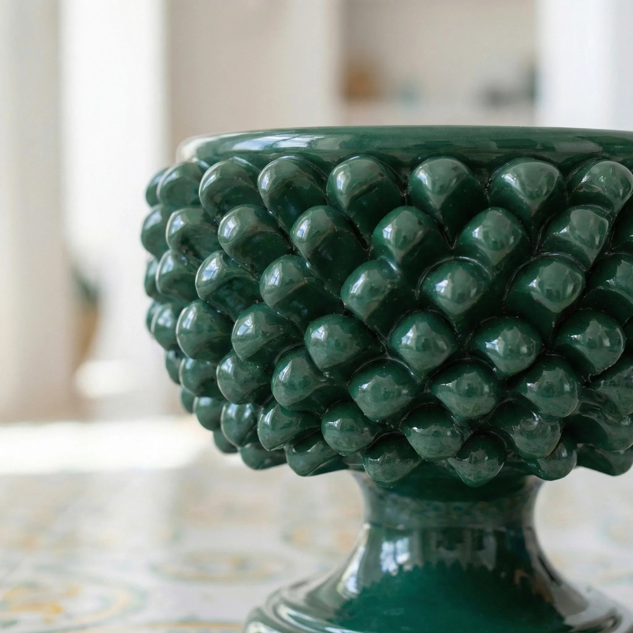 Antique green half pine cone vase in Caltagirone ceramic