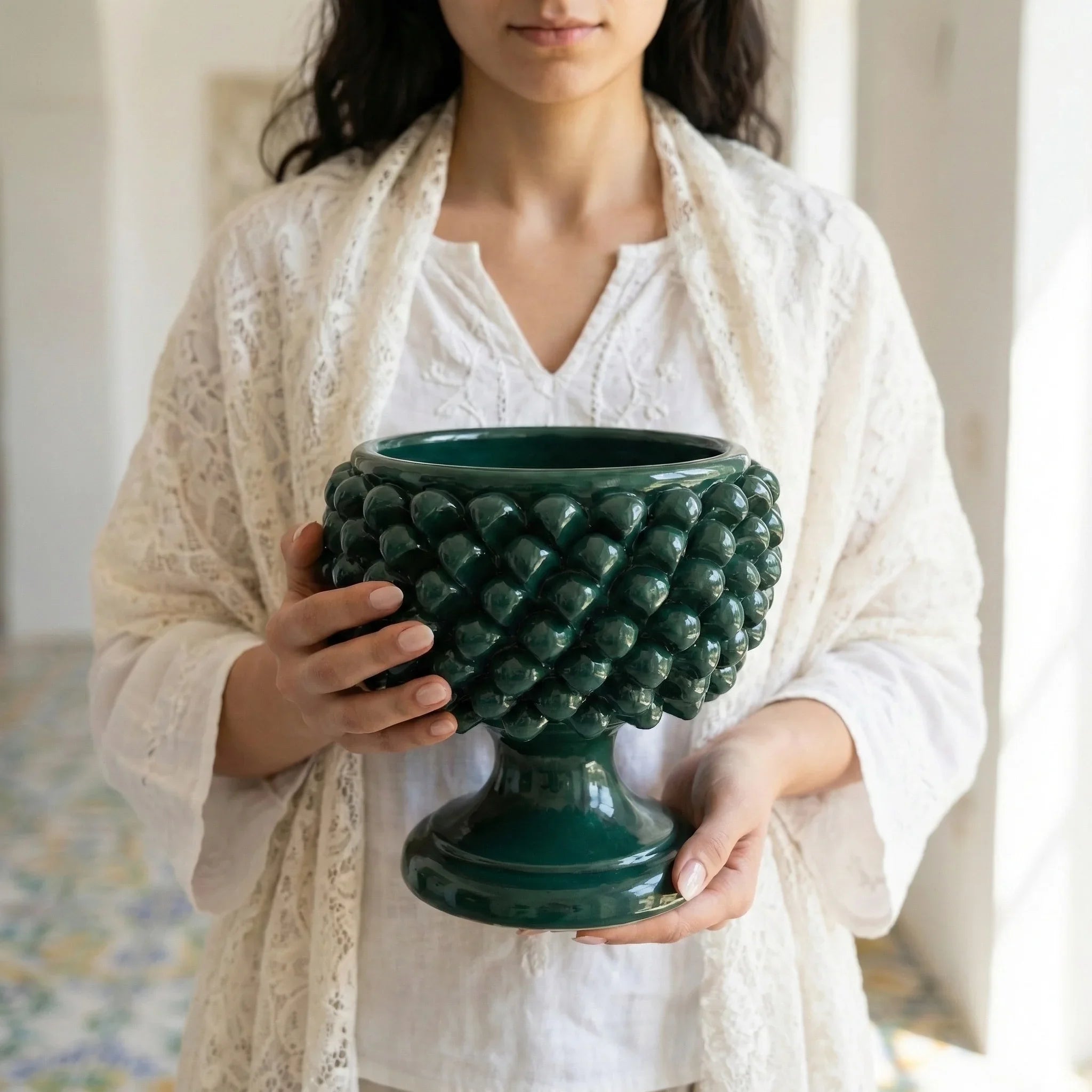 Antique green half pine cone vase in Caltagirone ceramic