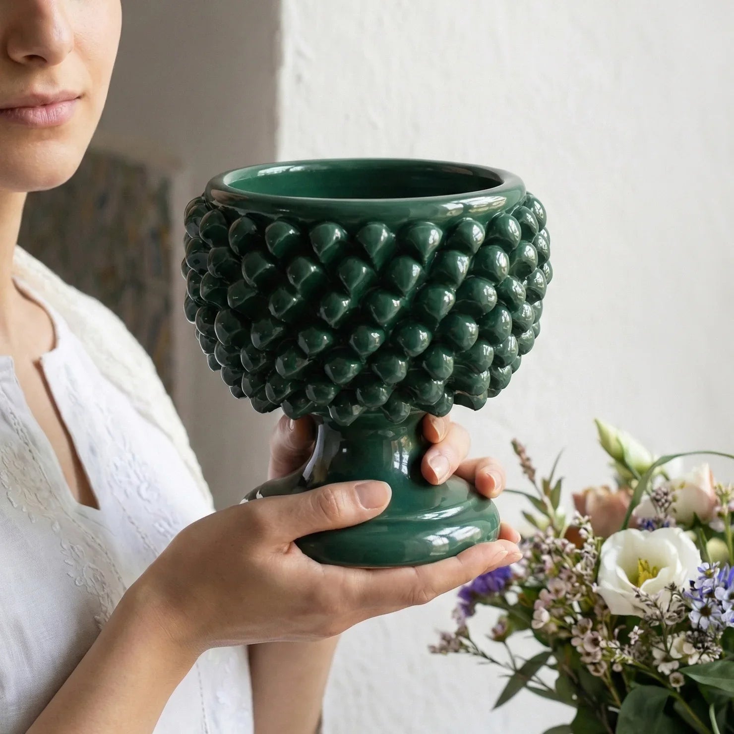 Antique green half pine cone vase in Caltagirone ceramic