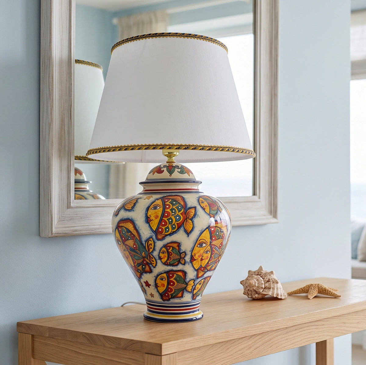 Lampe Potiche de Caltagirone H 65 cm, Décor Poissons – Céramique Caltagirone, tradition des lampes italiennes