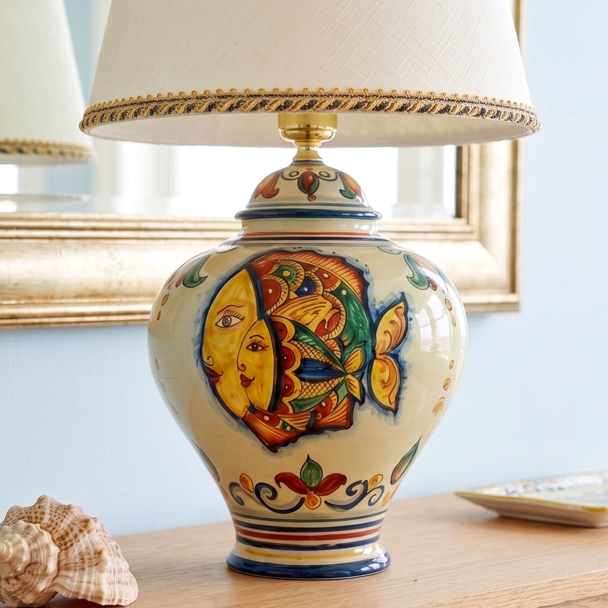 Potiche-Tischlampe H 65 cm, Fisch-Dekor – Sizilianische Keramiklampe aus Caltagirone