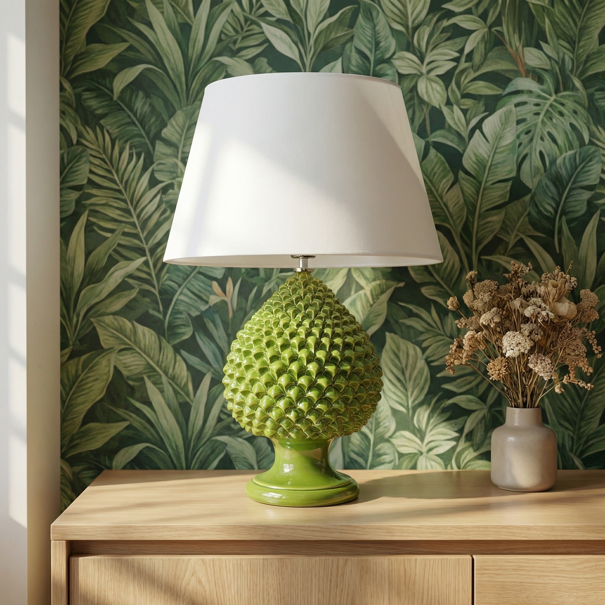 Handcrafted pine cone lamp in green leaf