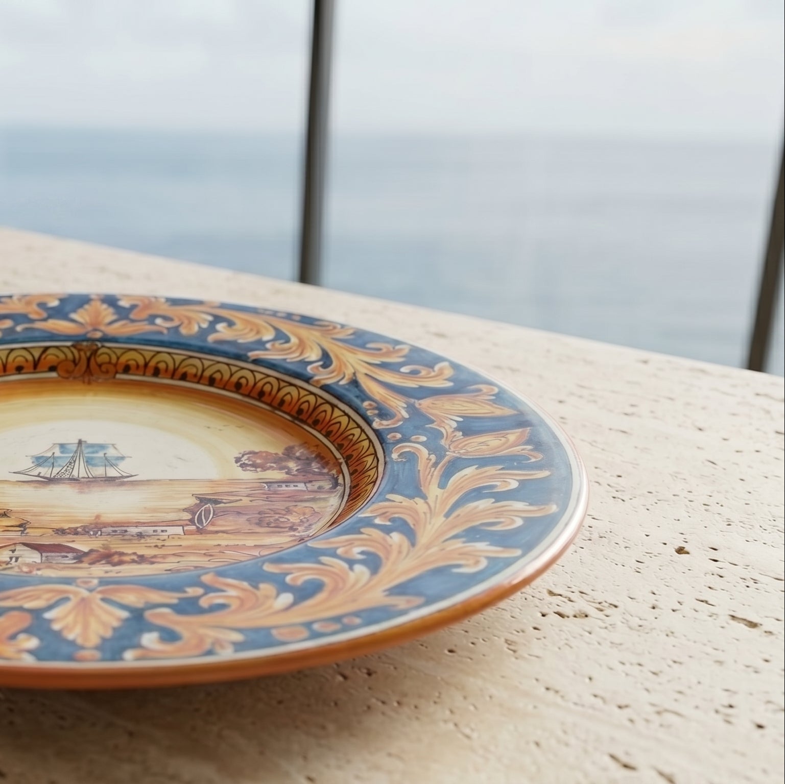 Sicilian Priest Hat Plate, Sailing Ship Motif, Blue Background – Italian ceramic from Caltagirone, Sicily