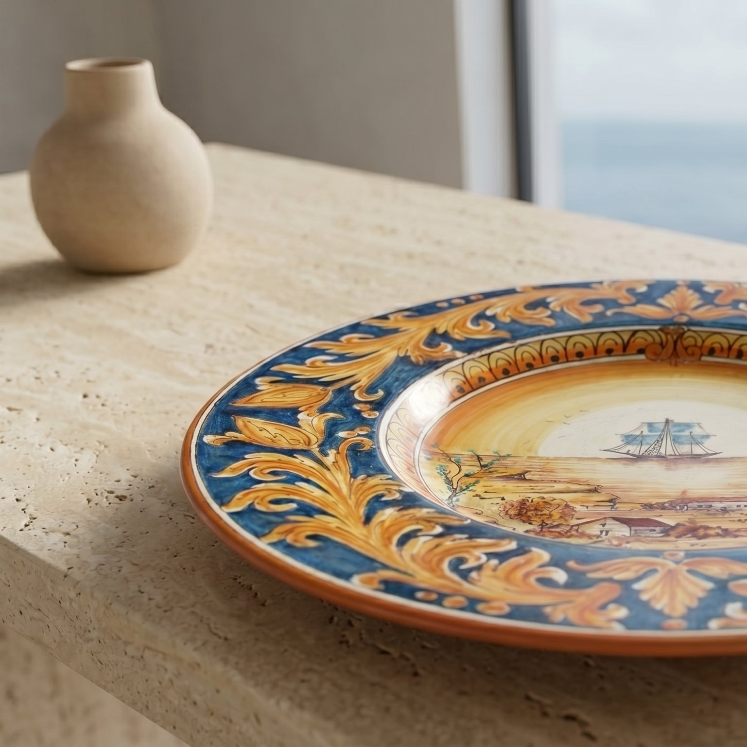 Sicilian Priest Hat Plate, Sailing Ship Motif, Blue Background – Italian ceramic from Caltagirone, Sicily