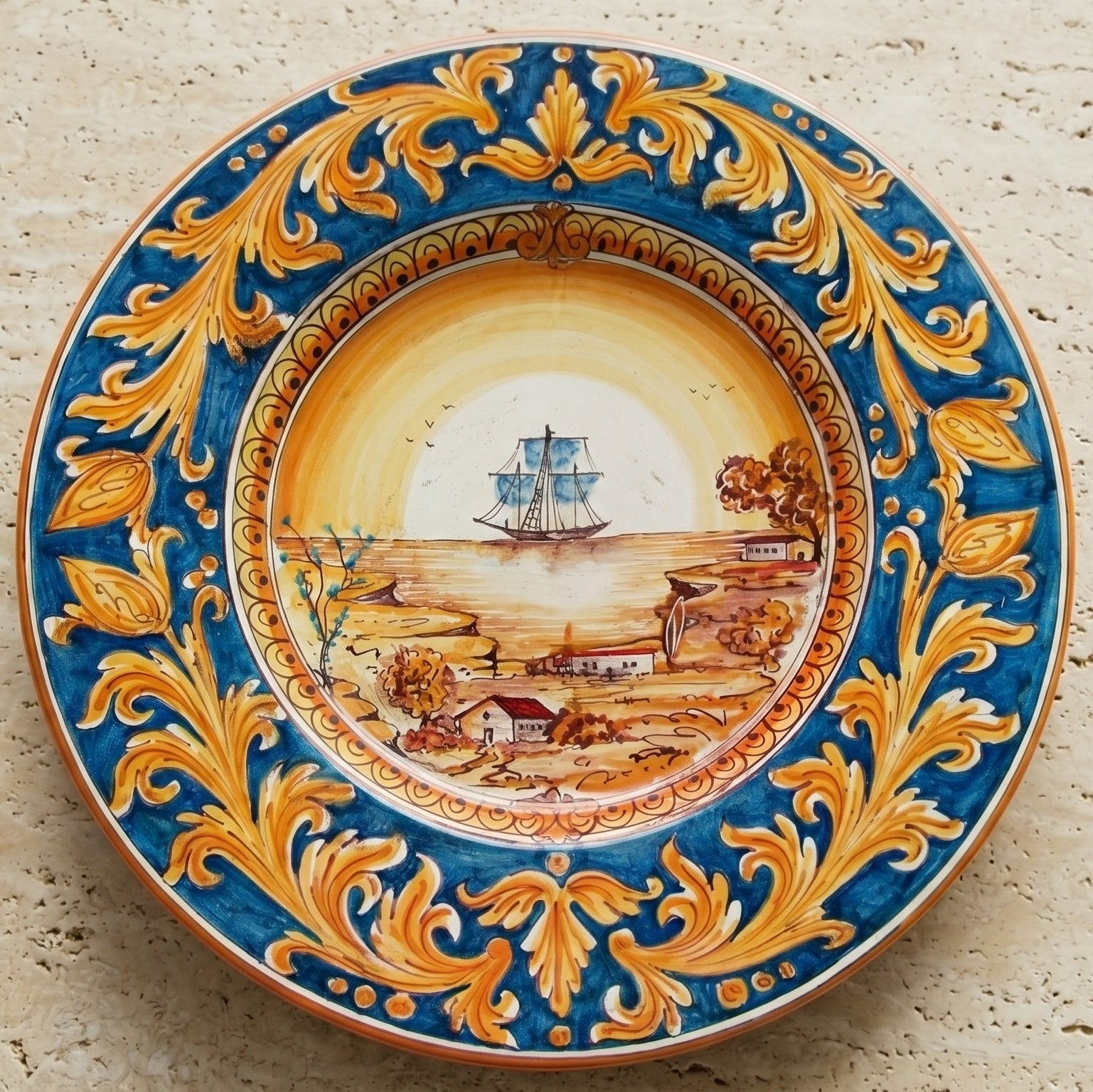 Sicilian Priest Hat Plate, Sailing Ship Motif, Blue Background – Italian ceramic from Caltagirone, Sicily
