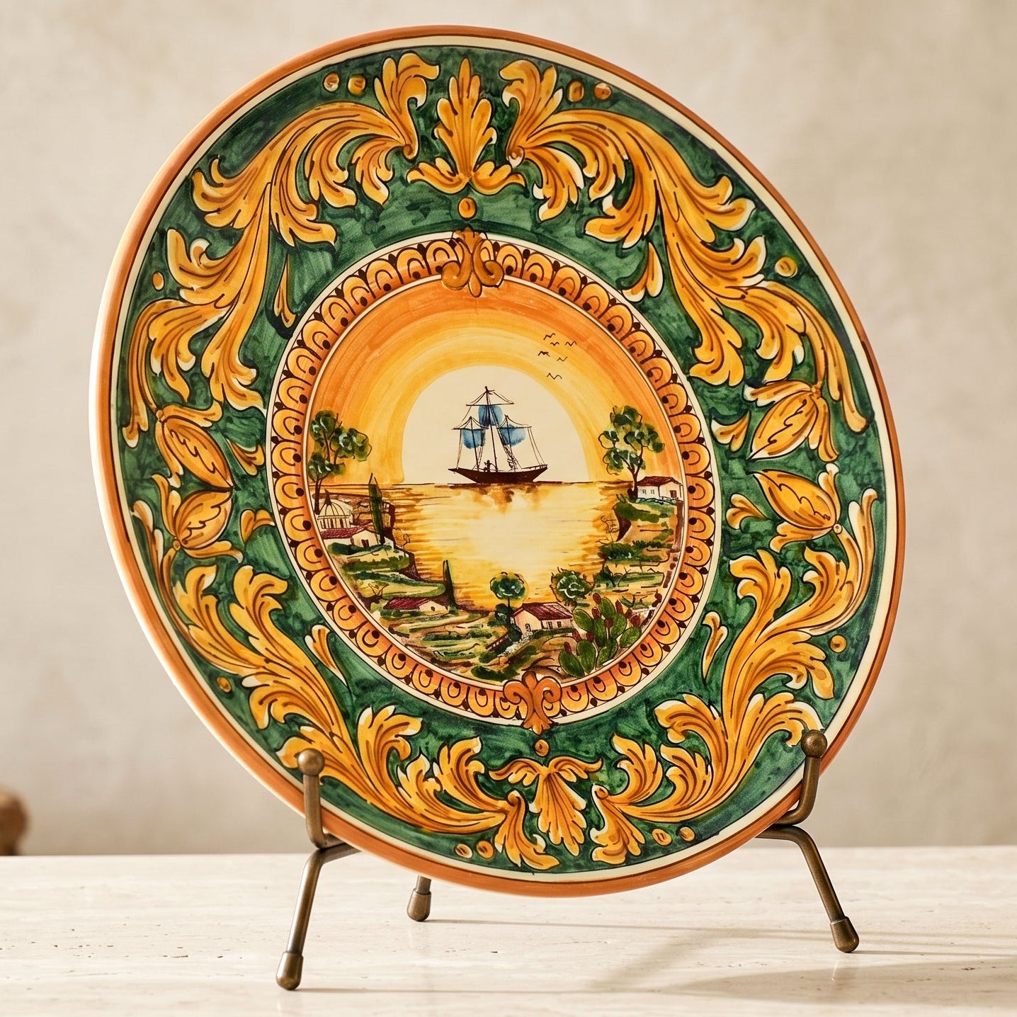 Sicilian Decorative Wall Plate, Sailing Ship Motif, Green Background – Caltagirone Ceramic – Sicilian artisan tradition