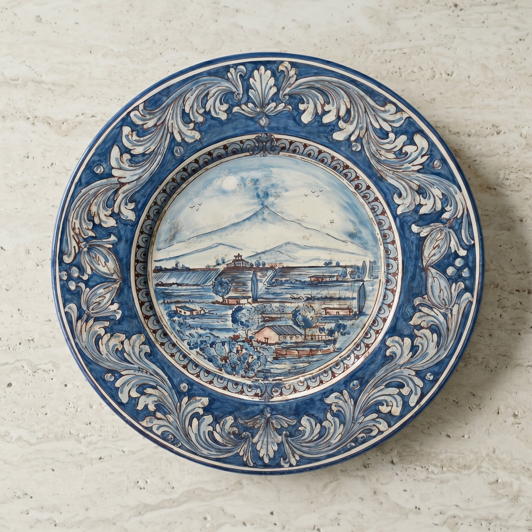 Sicilian Priest Hat Plate, Etna Landscape, Mono Blue – Italian ceramic from Caltagirone, Sicily