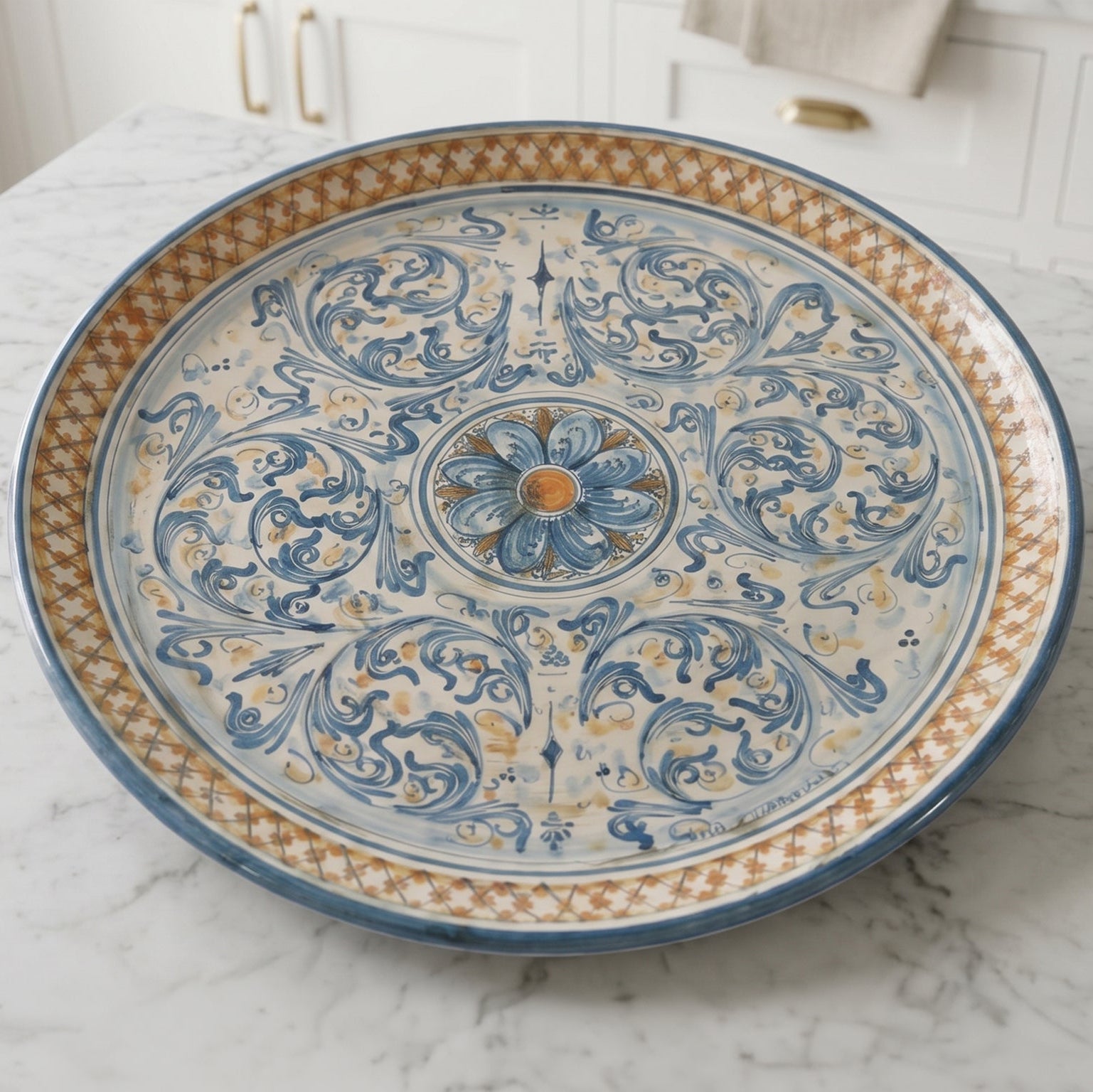 Assiette Decorative en Ceramique Italienne - Bleu et Orange, Serie d'Arte | Ceramique Caltagirone - artisanat sicilien