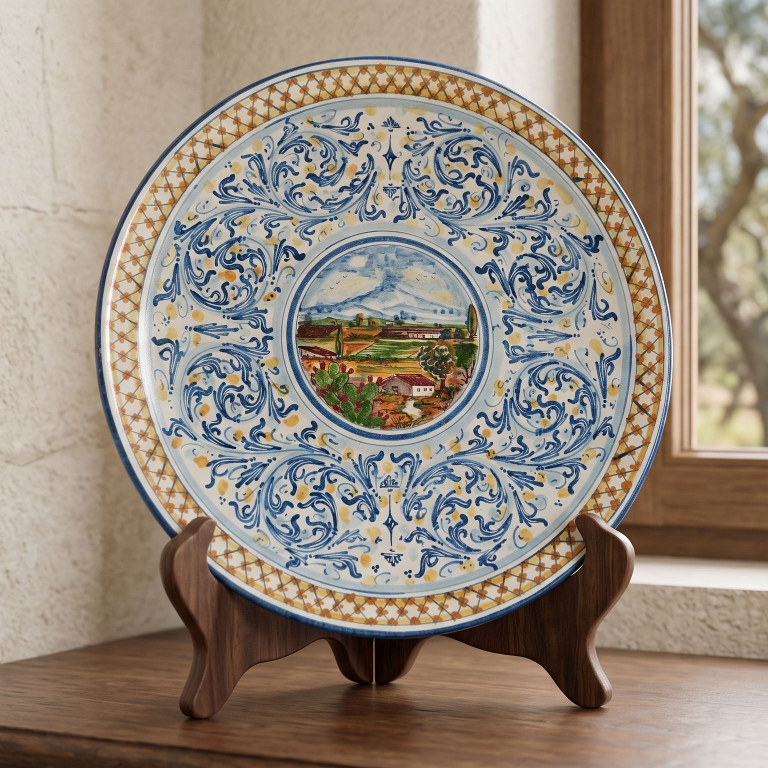 Assiette Sicilienne en Ceramique - Bleu et Orange, Serie d'Arte | Ceramique Caltagirone - artisanat sicilien
