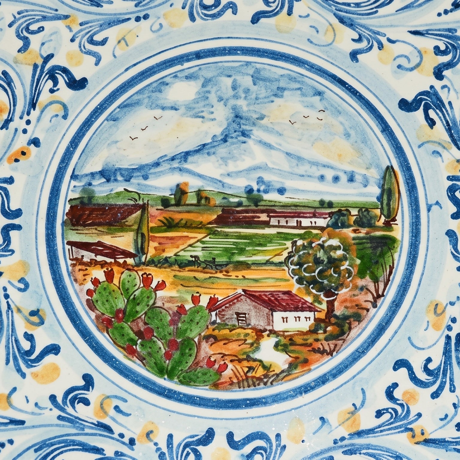 Assiette Sicilienne en Ceramique - Bleu et Orange, Serie d'Arte | Ceramique Caltagirone - artisanat sicilien