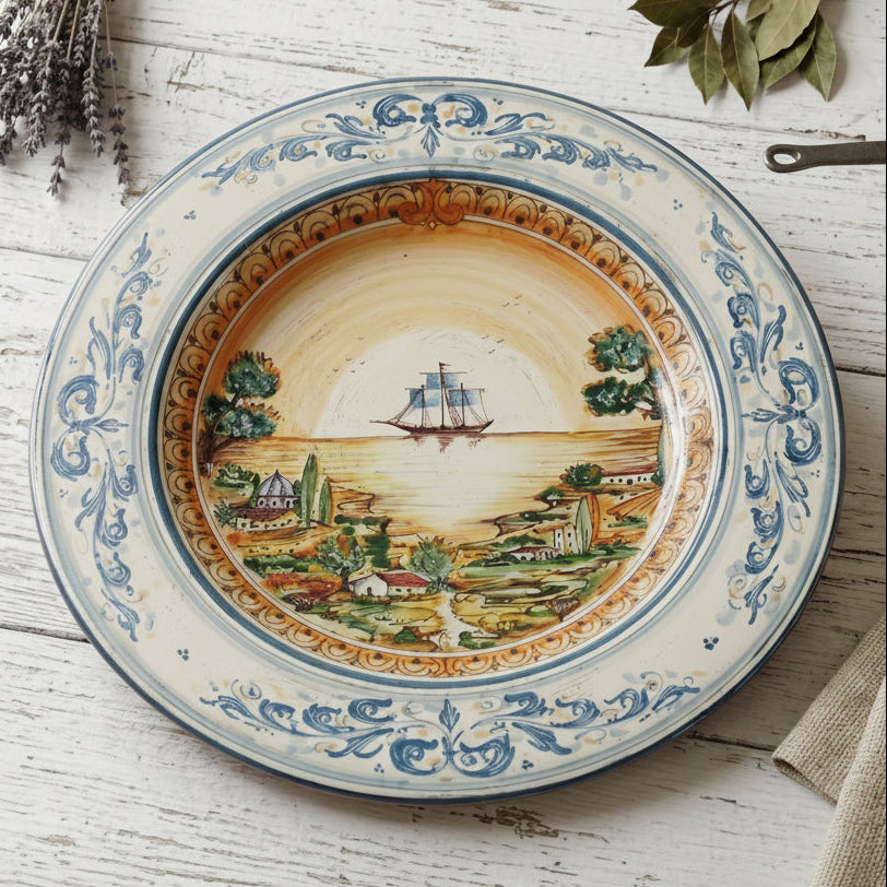 Sizilianischer Keramikteller Cappello Prete — Segelschiff, Blau und Orange | Sizilianische Majolika aus Caltagirone