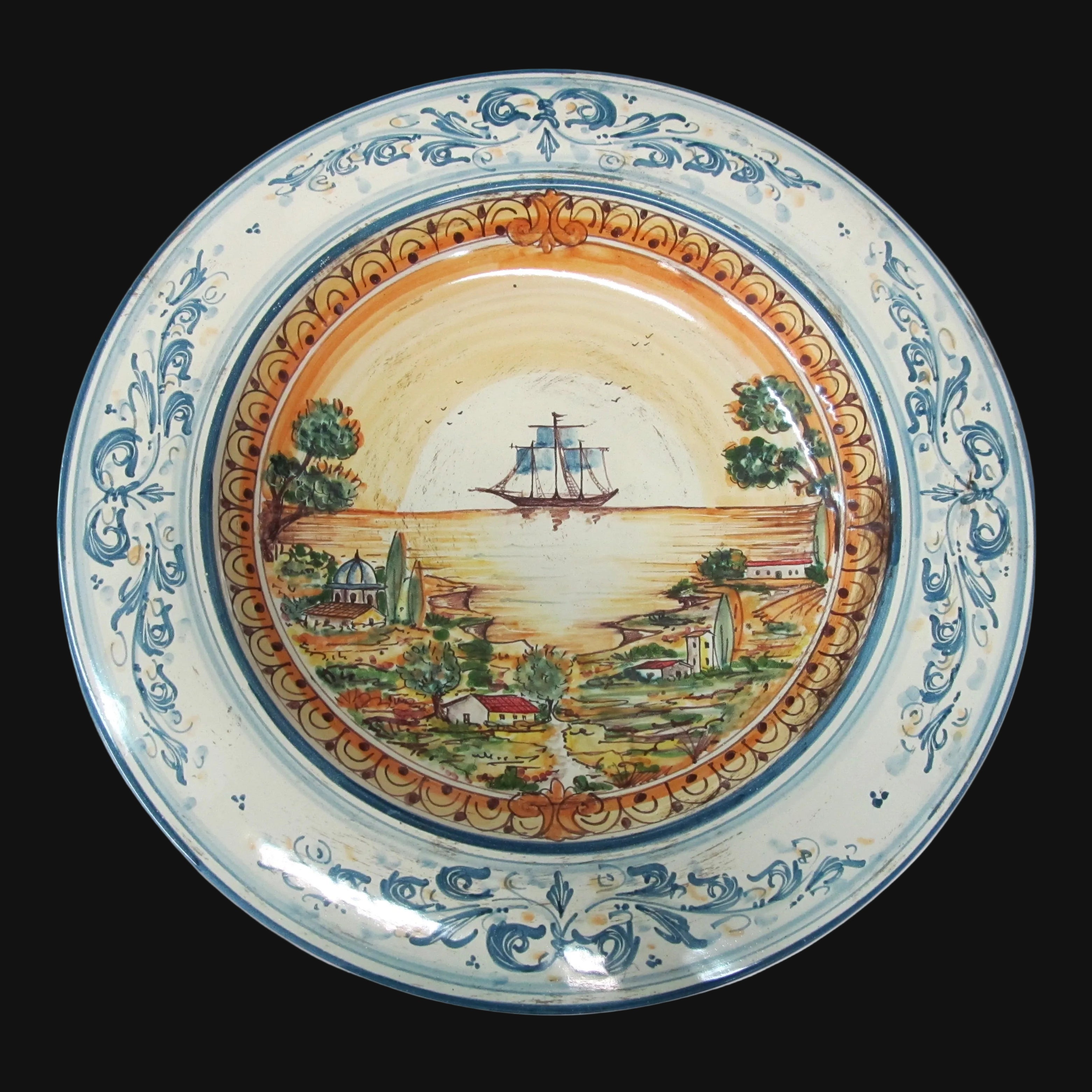 Sizilianischer Keramikteller Cappello Prete — Segelschiff, Blau und Orange | Sizilianische Majolika aus Caltagirone