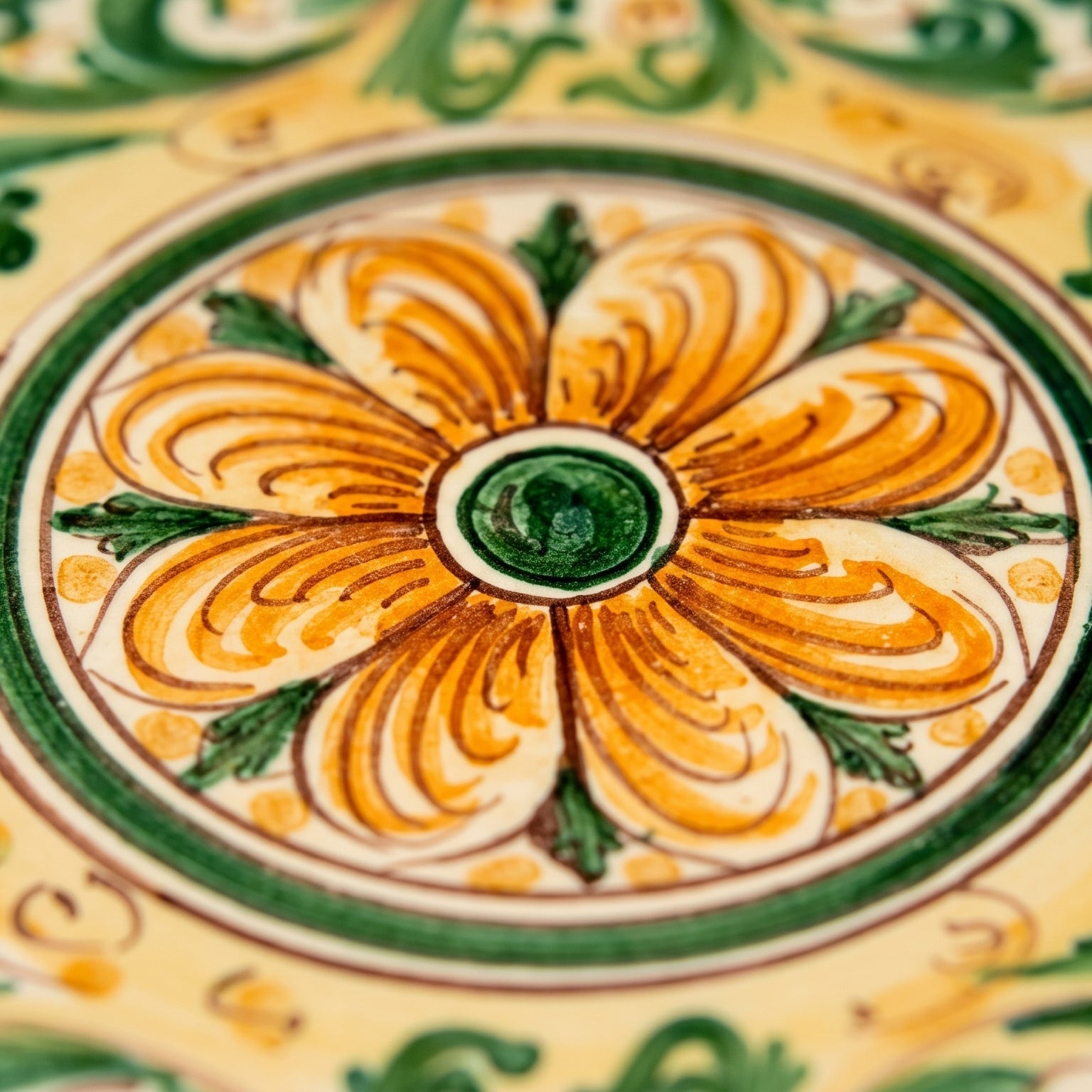 Assiette Decorative en Ceramique Italienne - Vert et Orange, Serie d'Arte | Ceramique italienne de Caltagirone, Sicile