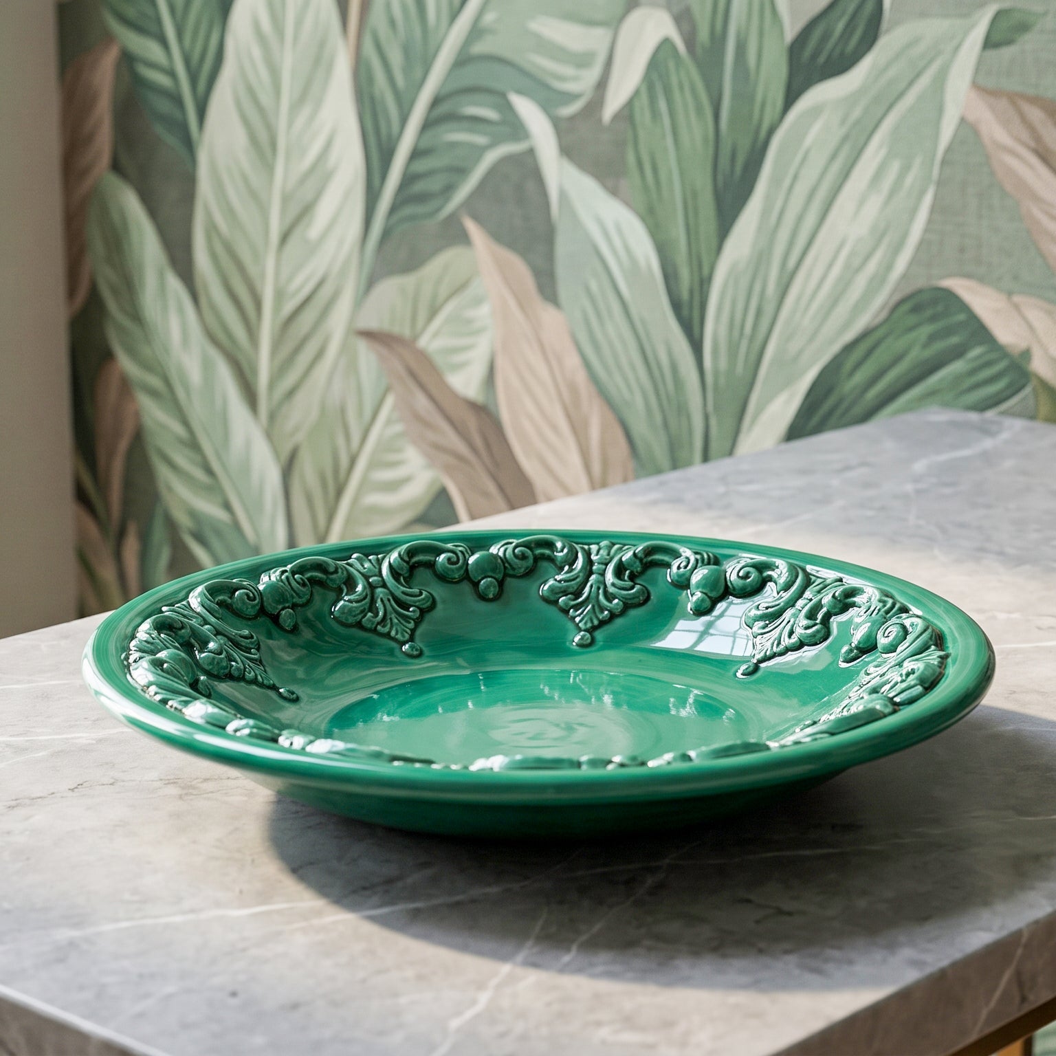 Sicilian Catch-All Dish Ø 30 cm / Ø 11.8", Plastico Sofia, Emerald Green – Italian ceramic from Caltagirone, Sicily