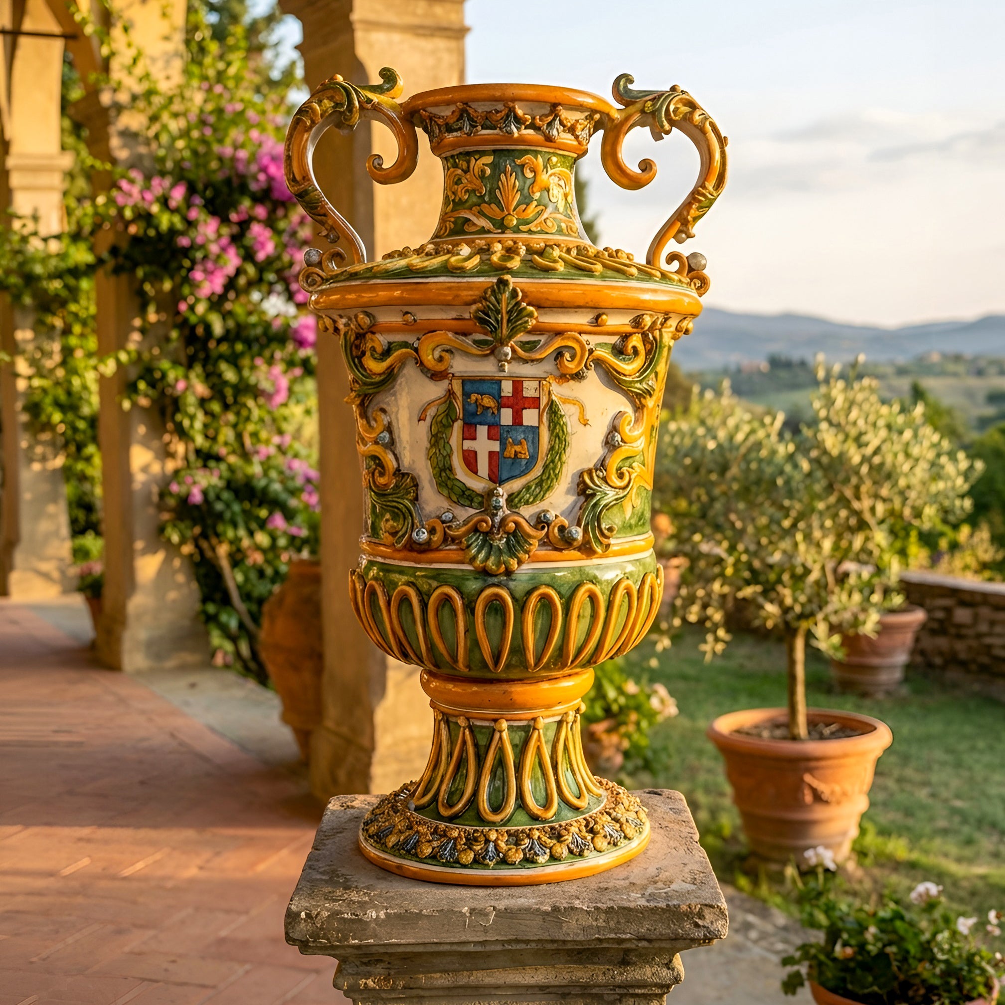 Monumental vase H 60 in limited edition, green background with Malta coat of arms