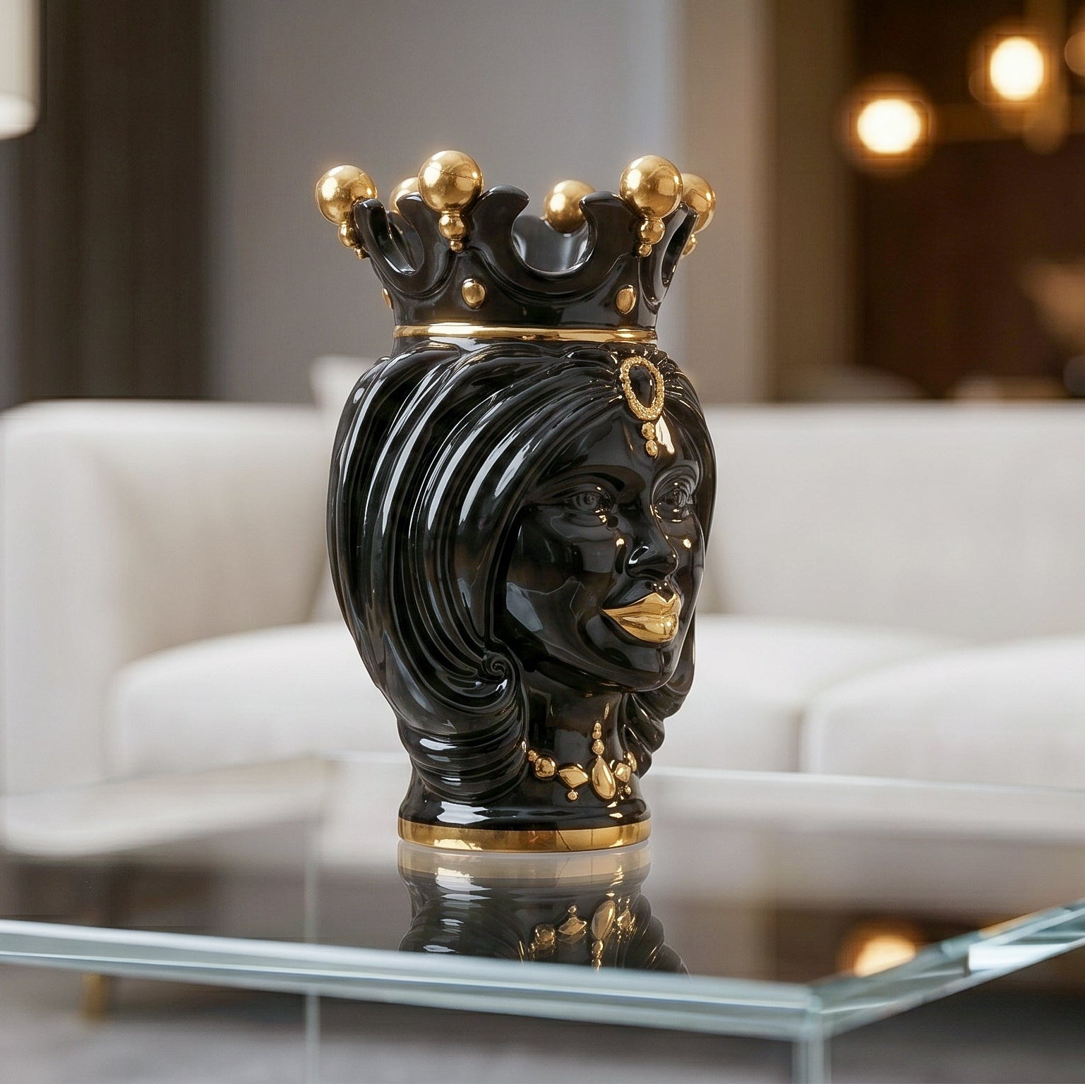 Vase Tête de Maure H 25 cm – Femme, Black And Gold – Testa di Moro de Caltagirone, Sicile