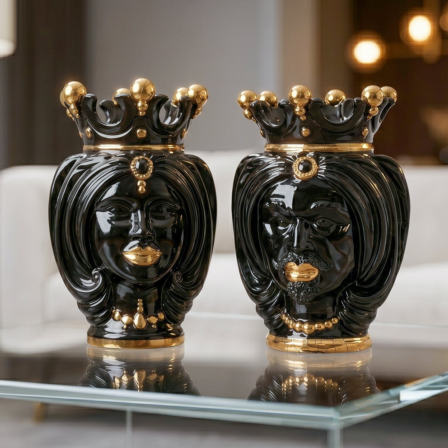 Vase Tête de Maure H 25 cm – Femme, Black And Gold – Testa di Moro de Caltagirone, Sicile