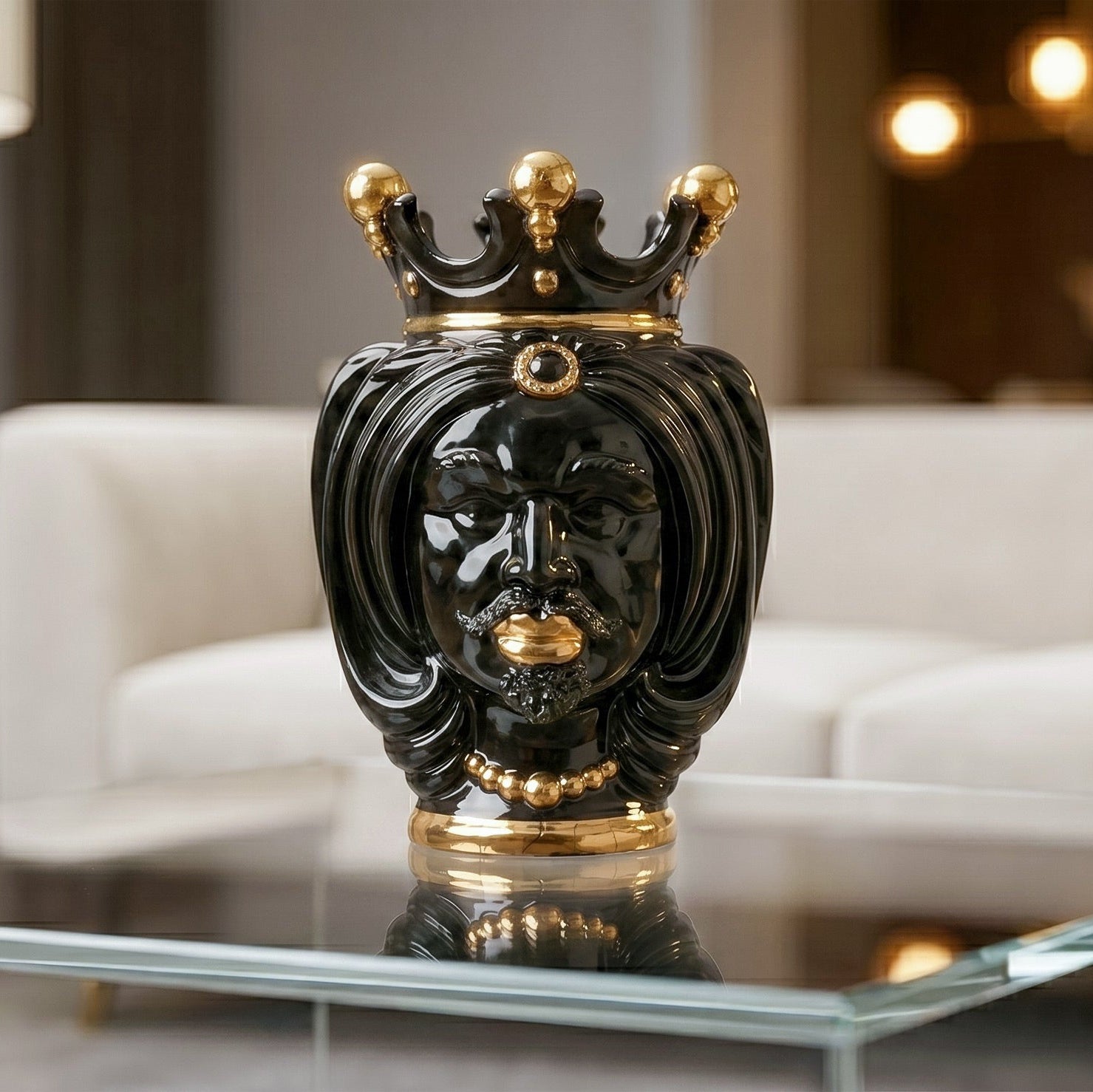 Vase Tête de Maure H 25 cm – Femme, Black And Gold – Testa di Moro de Caltagirone, Sicile