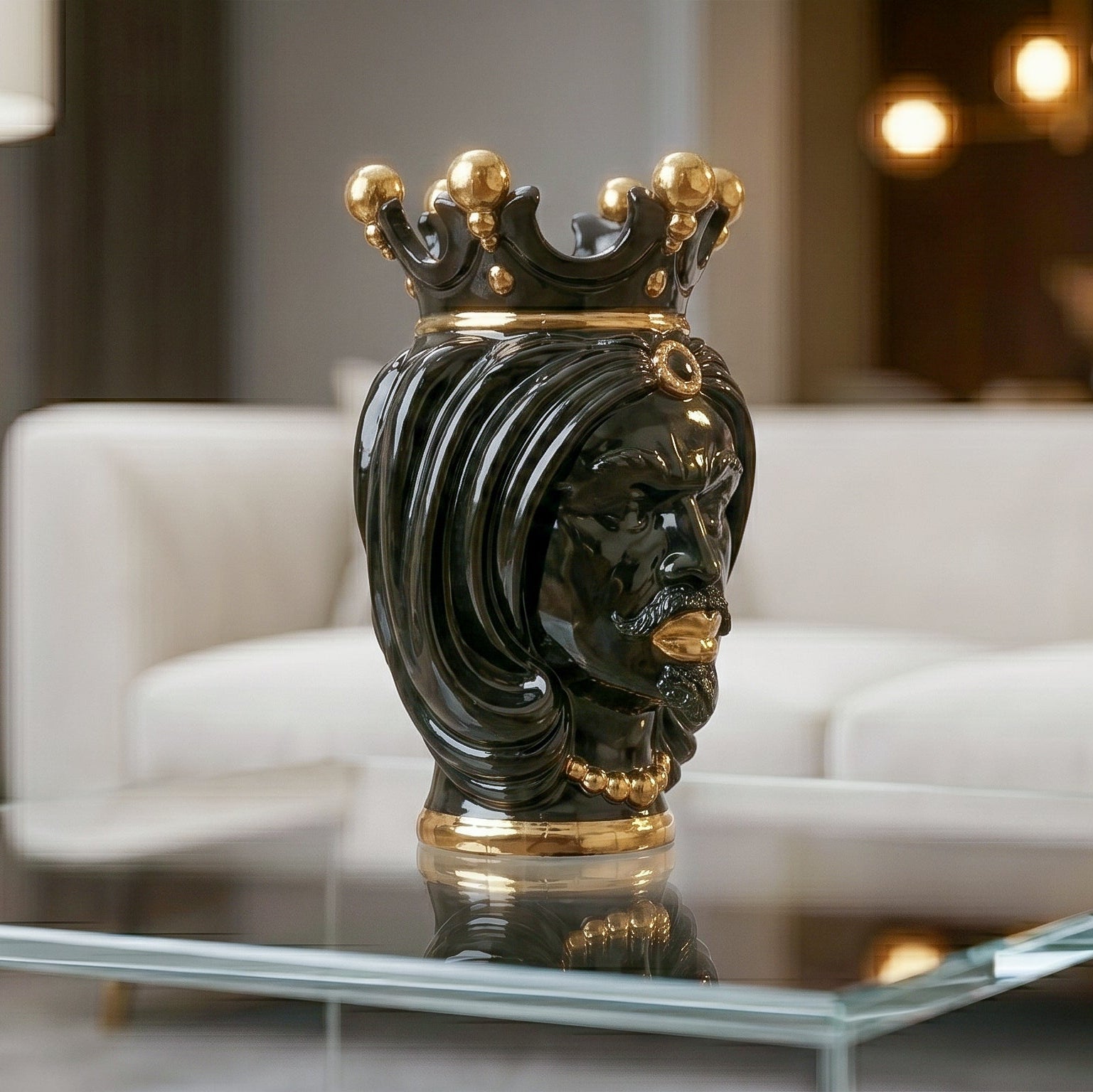 Vase Tête de Maure H 25 cm – Femme, Black And Gold – Testa di Moro de Caltagirone, Sicile