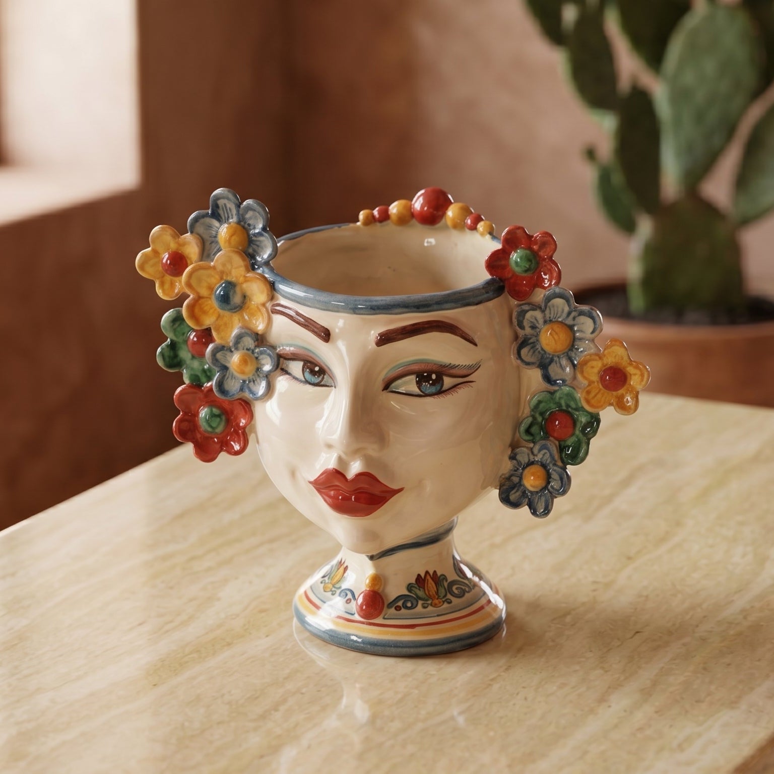 Moor's Head Vase with Flowers H 20 cm / 7.9", Woman, Decoro Sicily – Testa di Moro from Caltagirone, Sicily