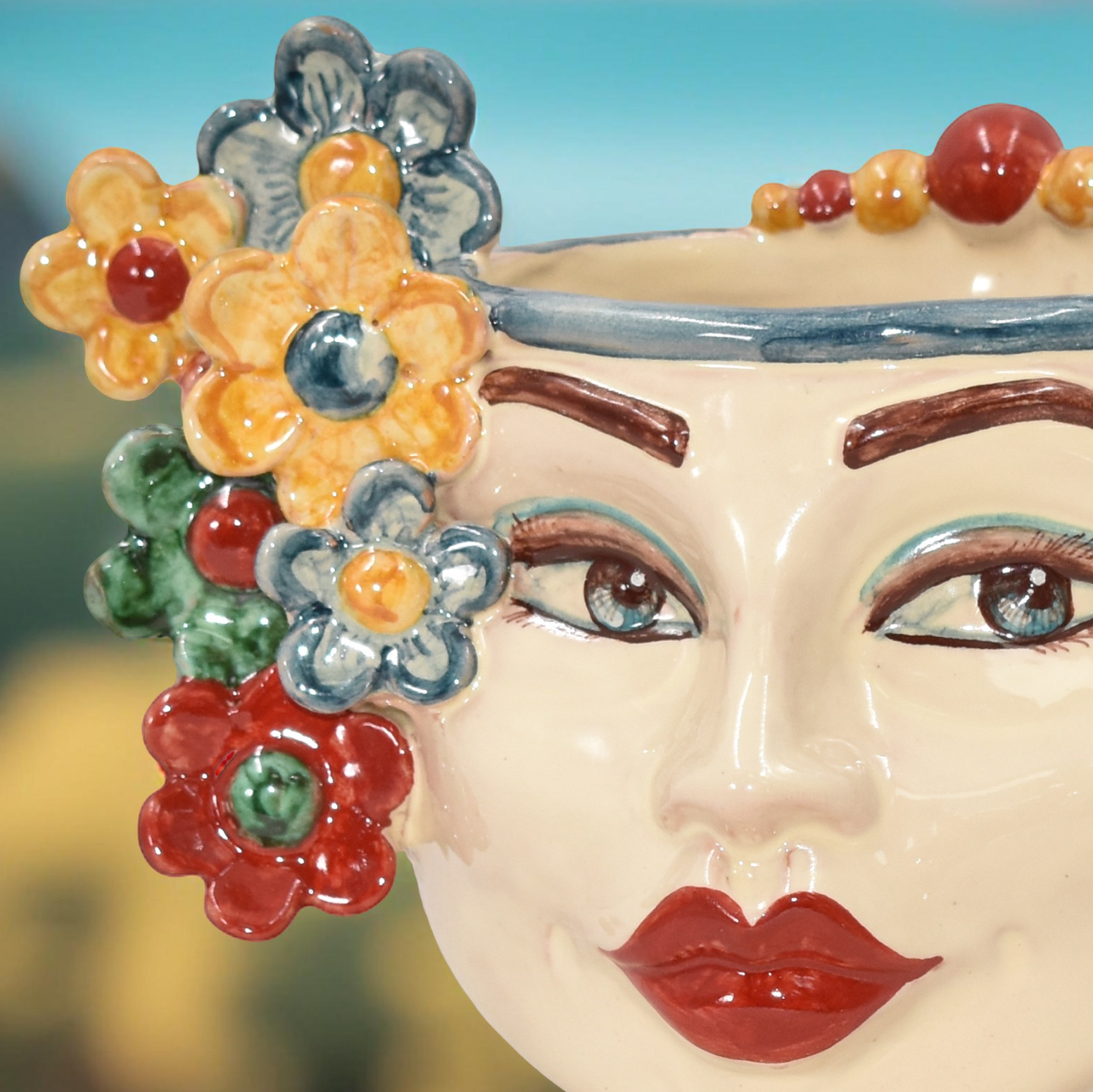 Head h 20 w/flowers w/expression red lips sicily decoration female