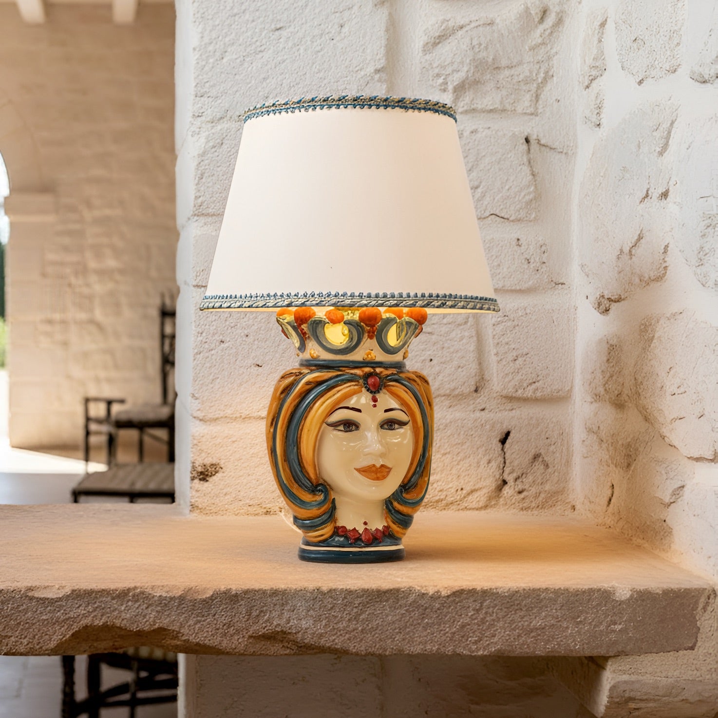 Head h 25 Blue/orange/red turban - Caltagirone Sofia ceramics