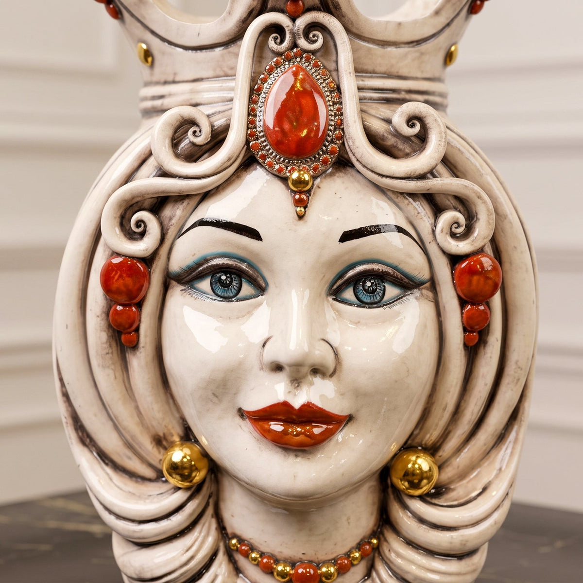 Sicilian Moor's Head H 38 cm / 15", Woman, Antique Mother of Pearl, Gold and Lustres – Testa di Moro from Caltagirone, Sicily
