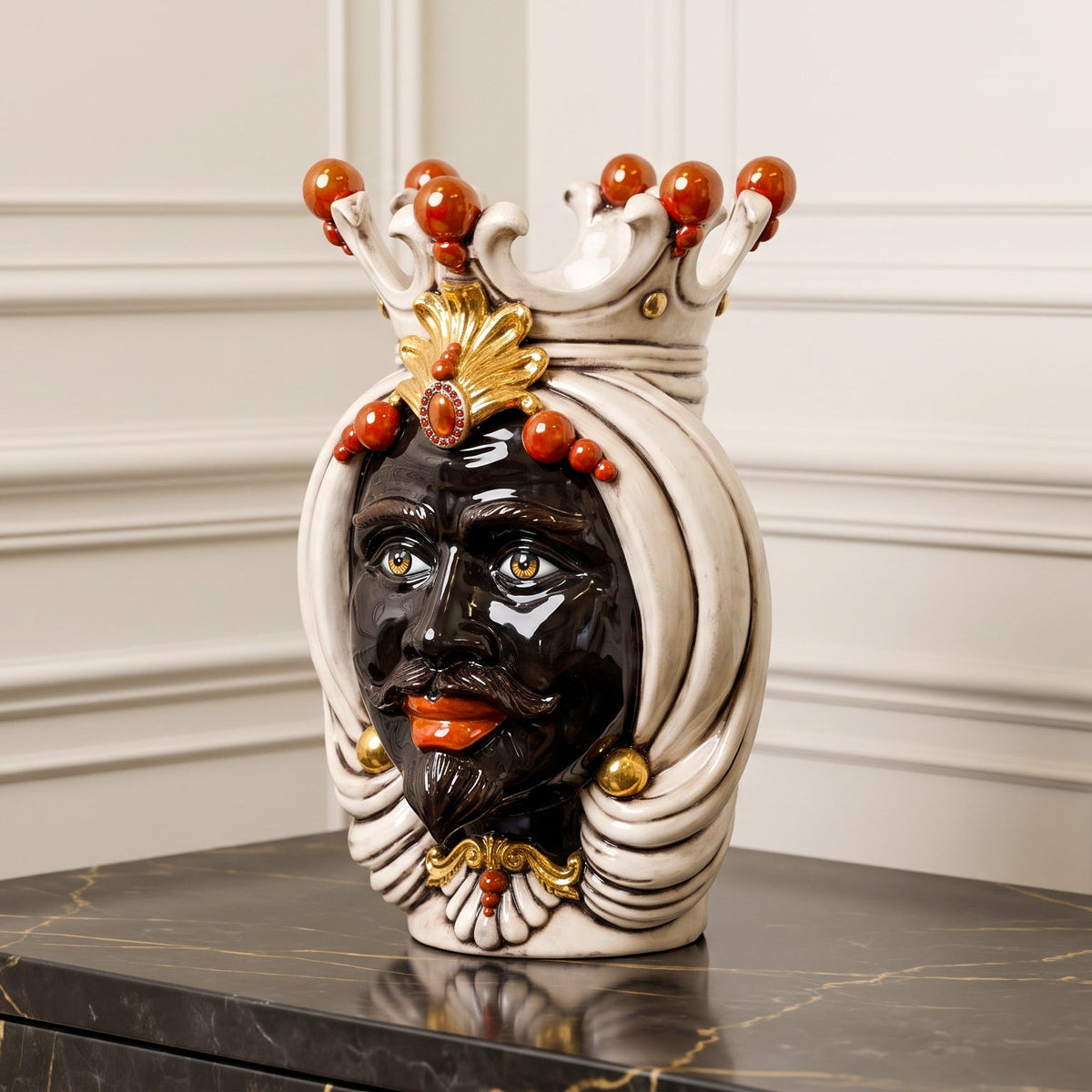 Sicilian Moor's Head H 38 cm / 15", Moro Male, Antique Mother of Pearl, Gold and Lustres – Testa di Moro from Caltagirone, Sicily