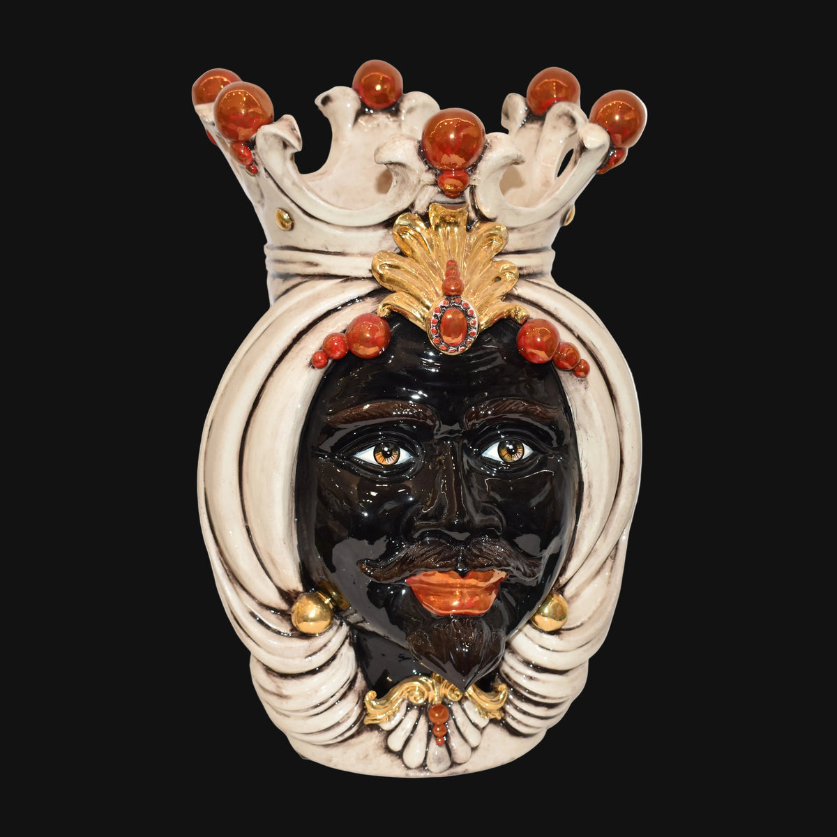 Sicilian Moor's Head H 38 cm / 15", Moro Male, Antique Mother of Pearl, Gold and Lustres – Testa di Moro from Caltagirone, Sicily
