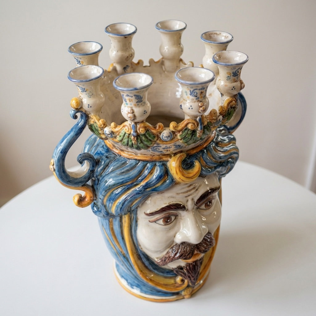 Sicilian Head Vase Candle Holder H 40 cm / 15.7", White Man, Blue and Orange – Testa di Moro from Caltagirone, Sicily