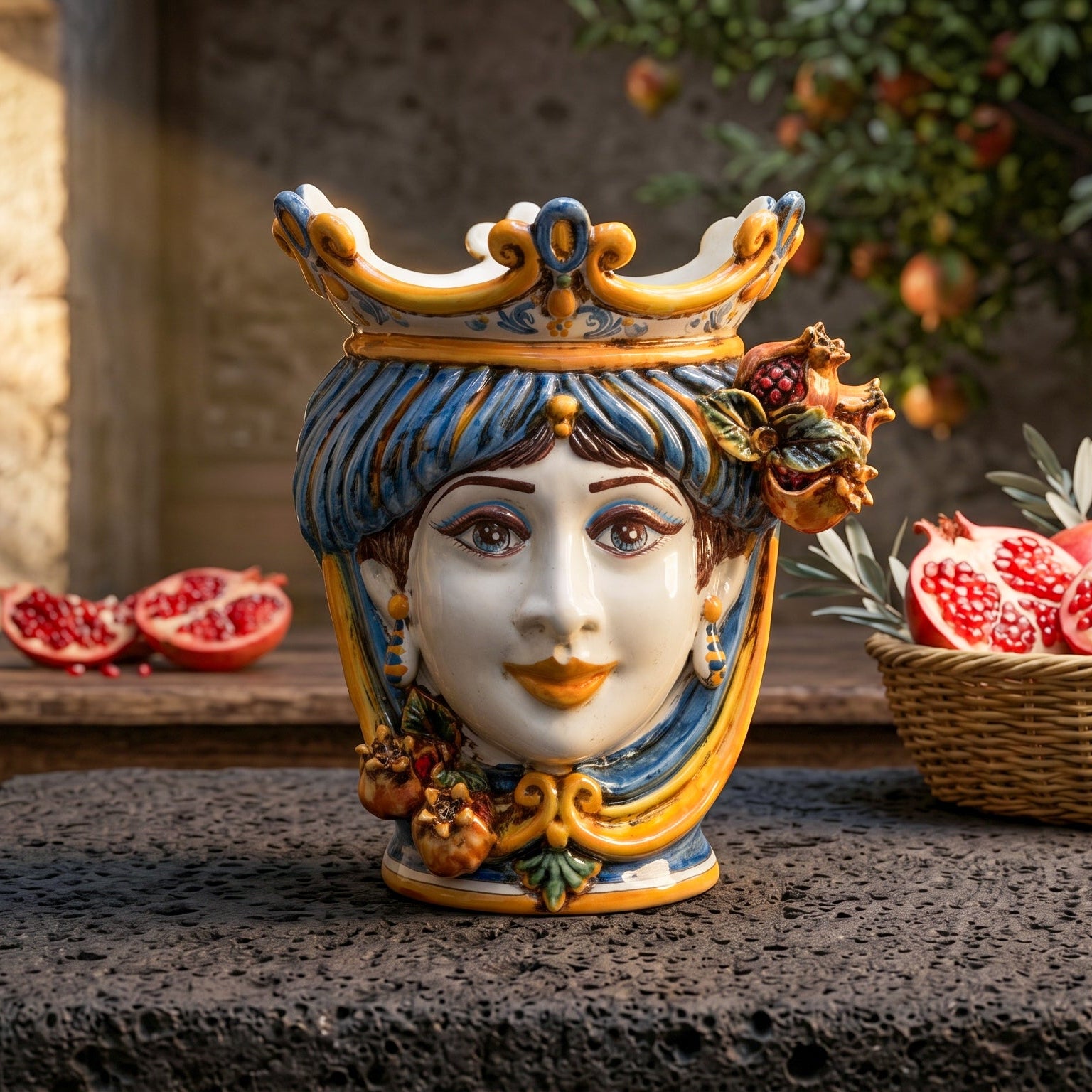 Sicilian Head Vase with Pomegranates H 25 cm / 9.8", Woman, Blue and Orange – Testa di Moro from Caltagirone, Sicily