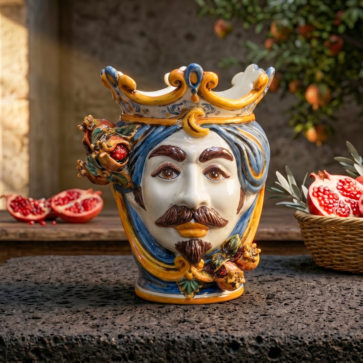 Sicilian Head Vase with Pomegranates H 25 cm / 9.8", White Man, Blue and Orange – Testa di Moro from Caltagirone, Sicily